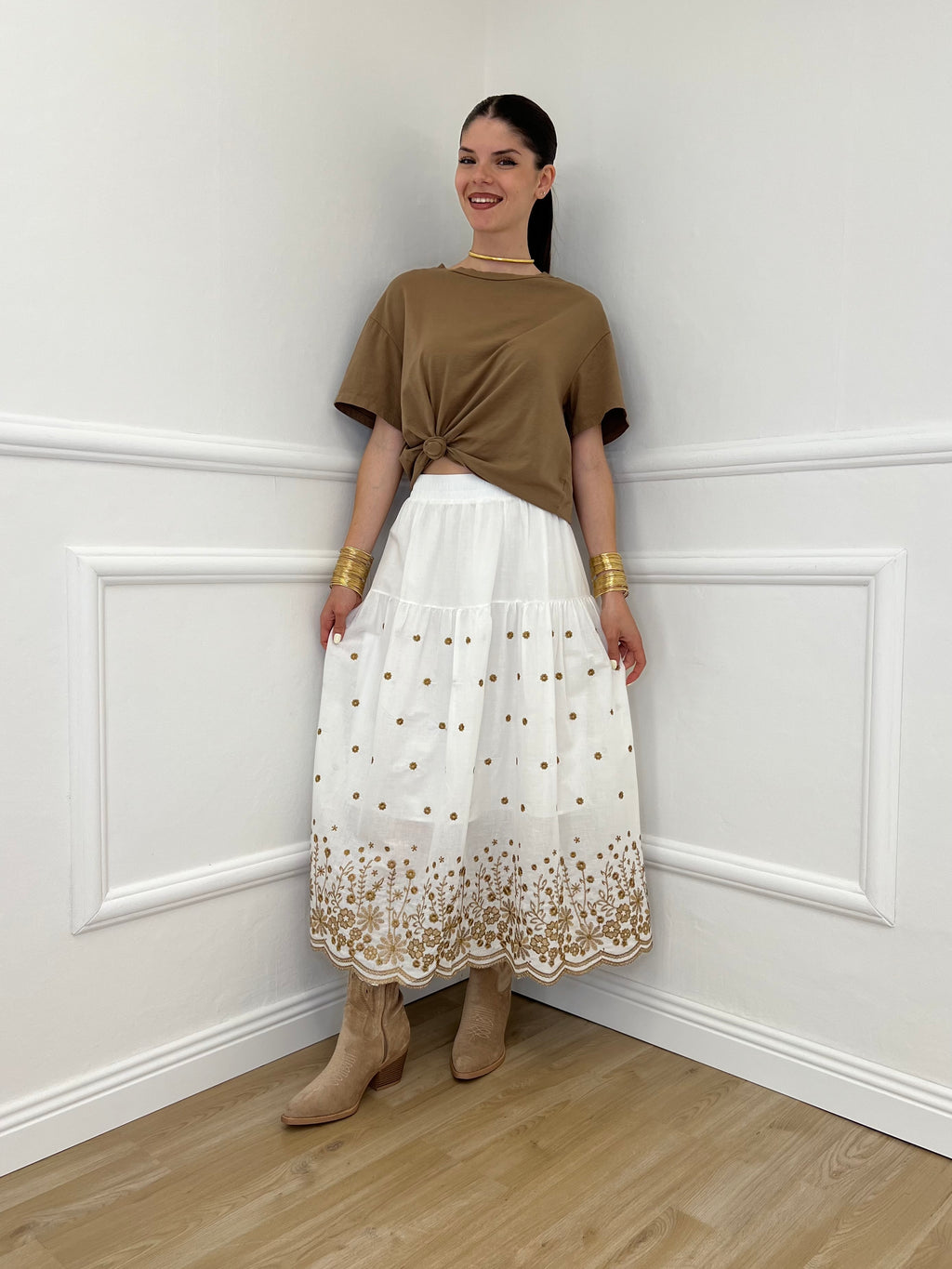 Gonna Midi Cotone Ricami 50138 Bianco