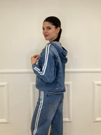 Giacca Denim Bande e Cappuccio J997 Azzurro