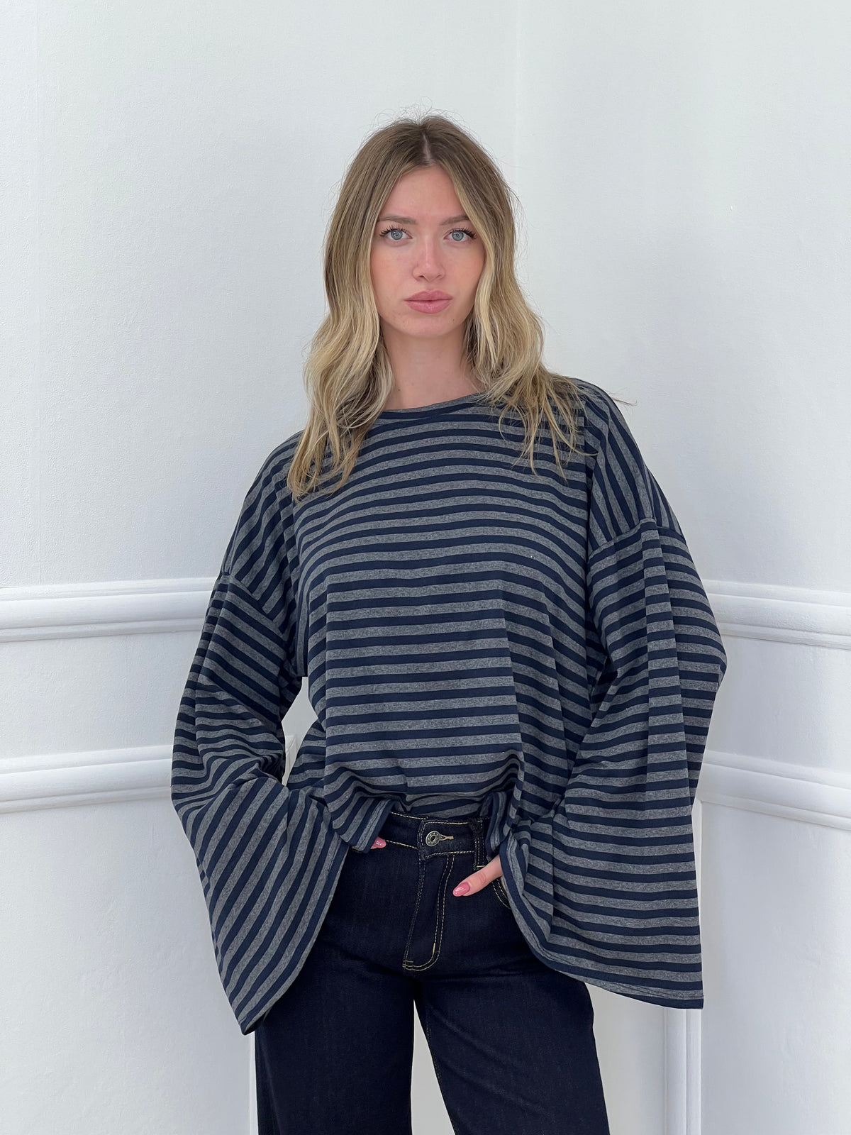 T-shirt Righe Maniche Ampie BM270 Grigio e Blu