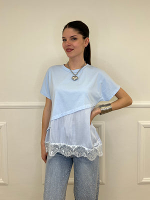 Maglietta Combinata Con Pizzo 20611 Azzurro