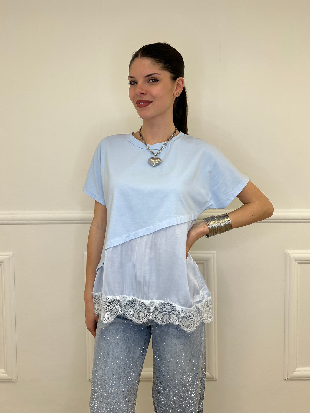 Maglietta Combinata Con Pizzo 20611 Azzurro