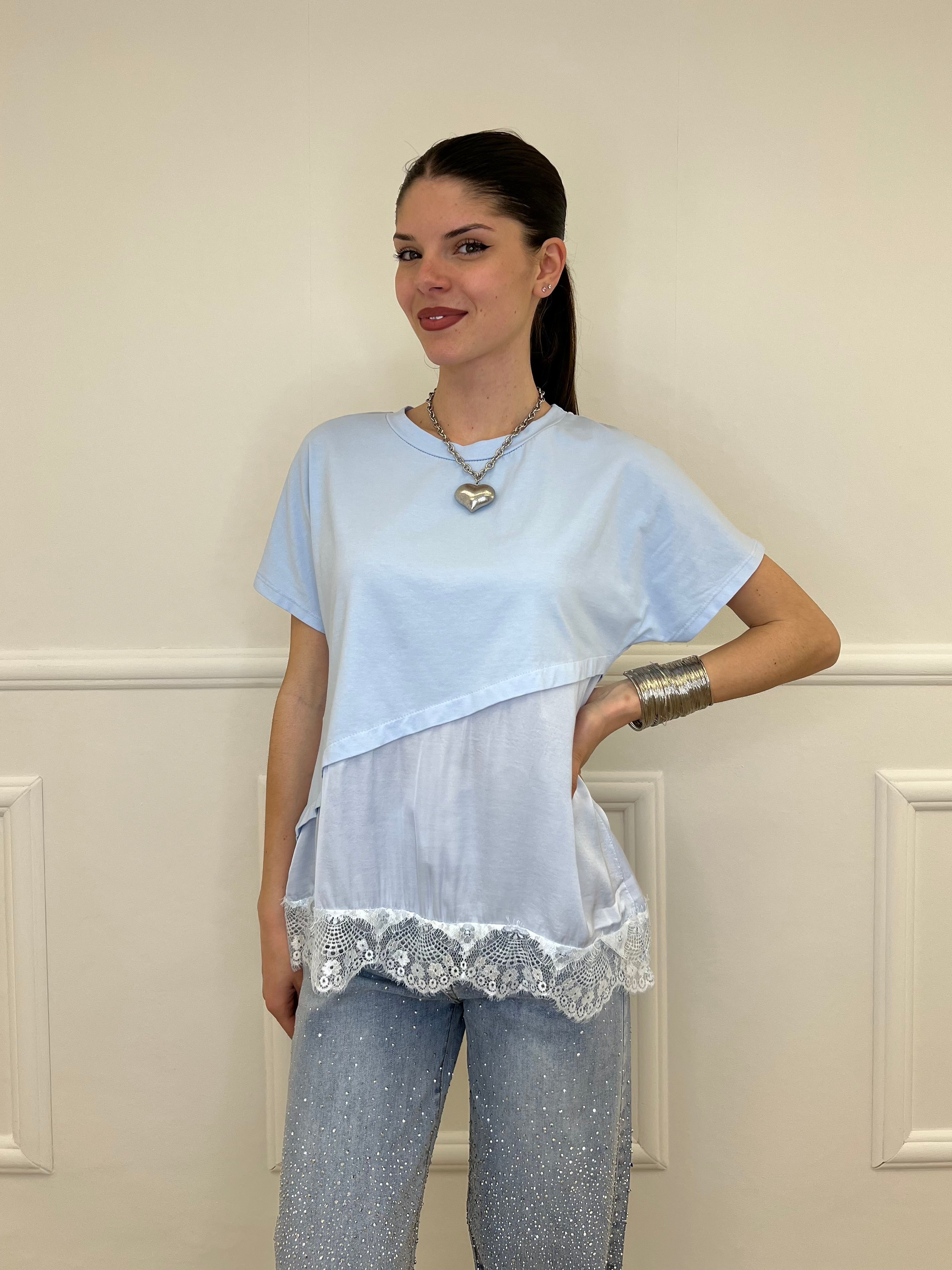 Maglietta Combinata Con Pizzo 20611 Azzurro