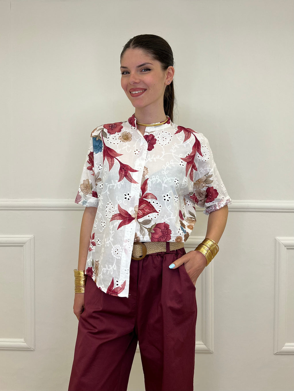 Camicia Fiori Inserti Sangallo 2340 Burgundy