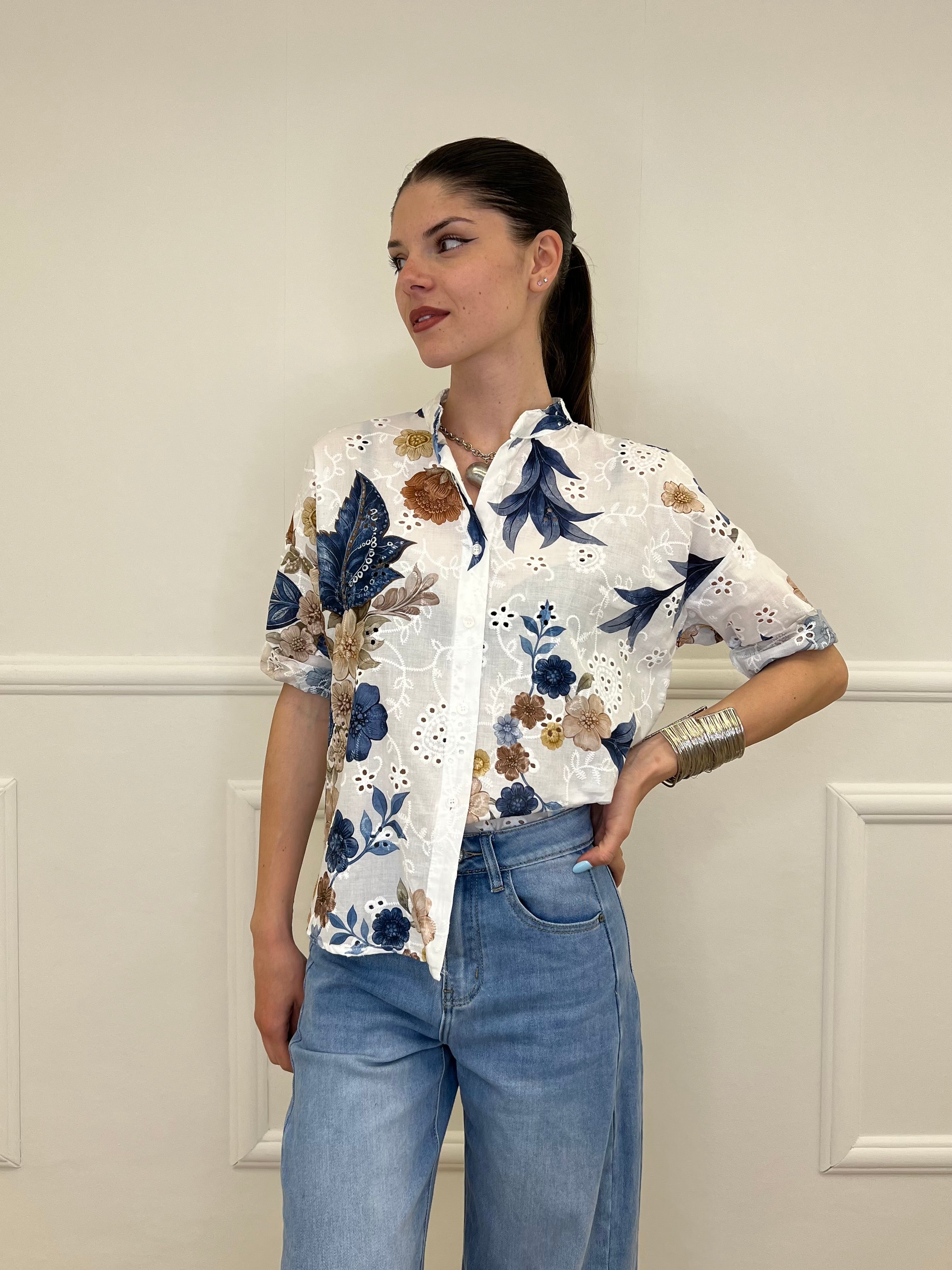 Camicia Fiori Inserti Sangallo 2340 Blu