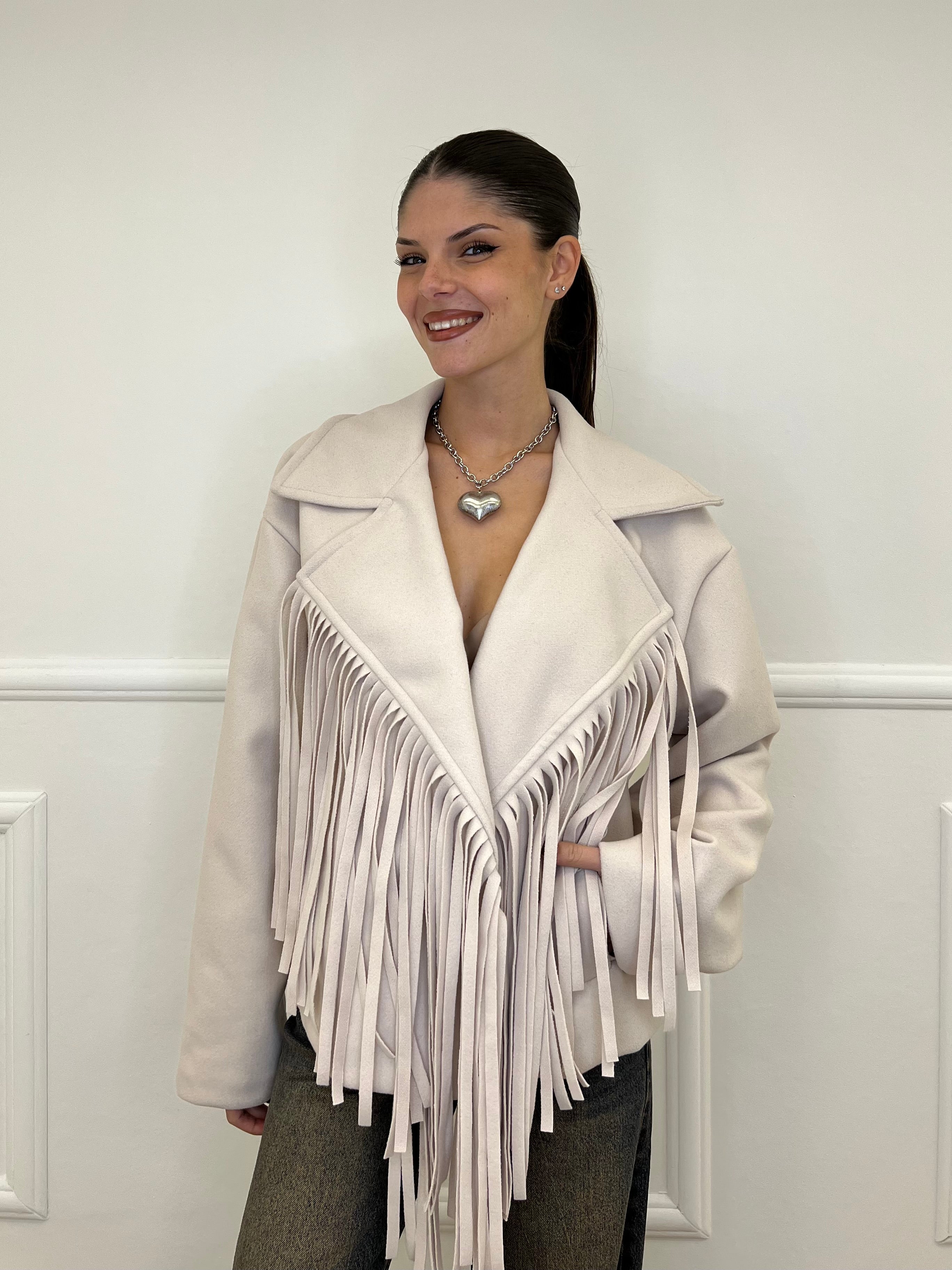 Giacca Cappotto Frange 11903 Panna