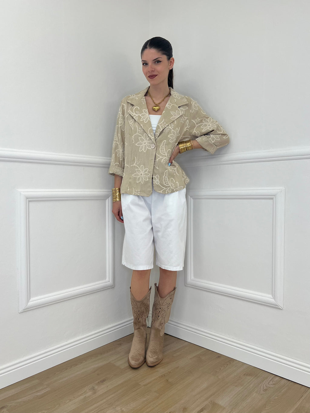 Blazer Ricamato in Lino e Viscosa 11353 Ecru