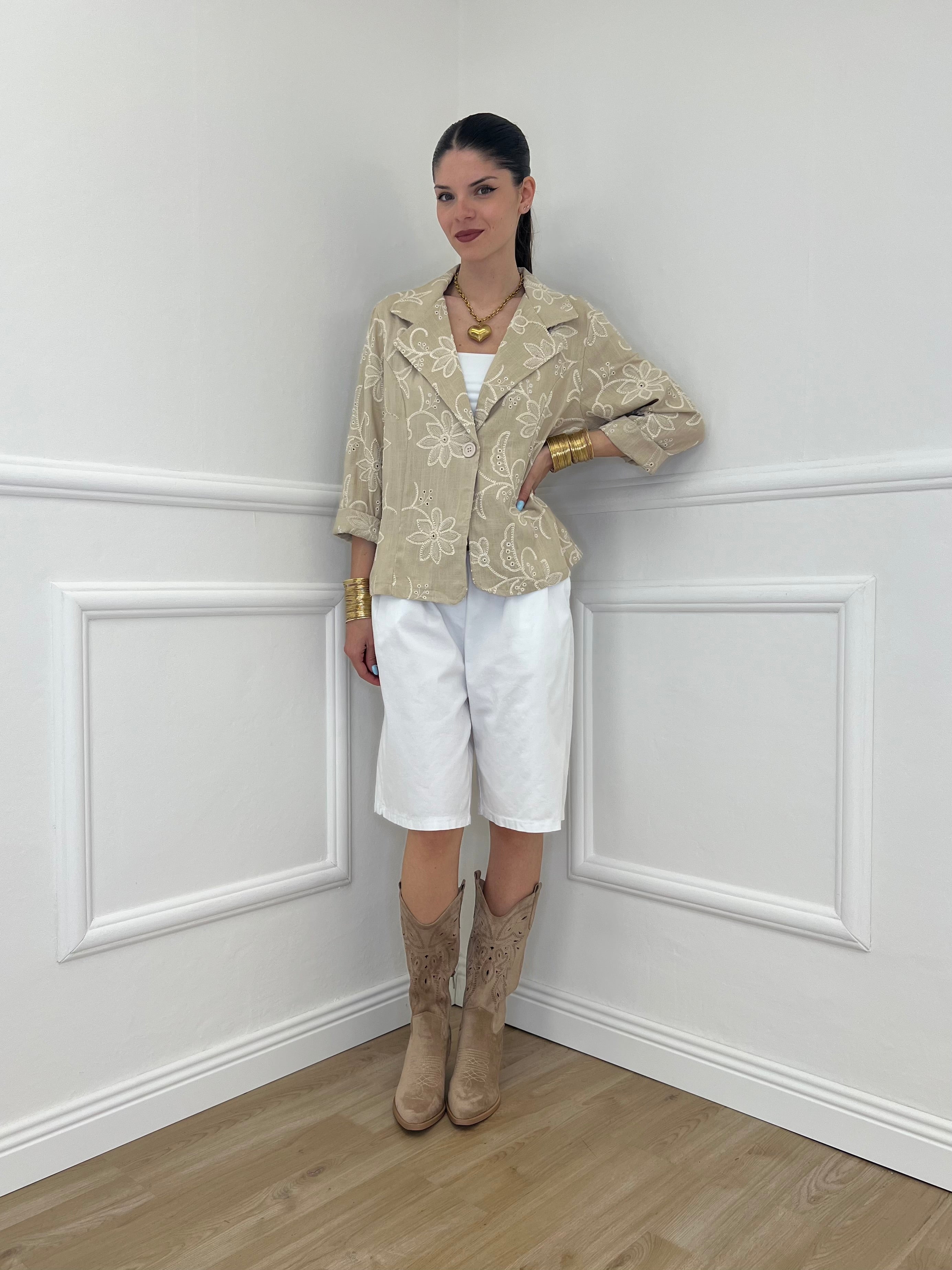 Blazer Ricamato in Lino e Viscosa 11353 Ecru