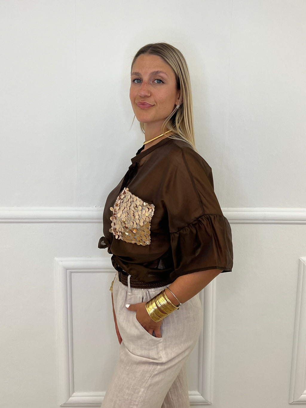 Camicia Tasca Paillettes 672-150 Marrone