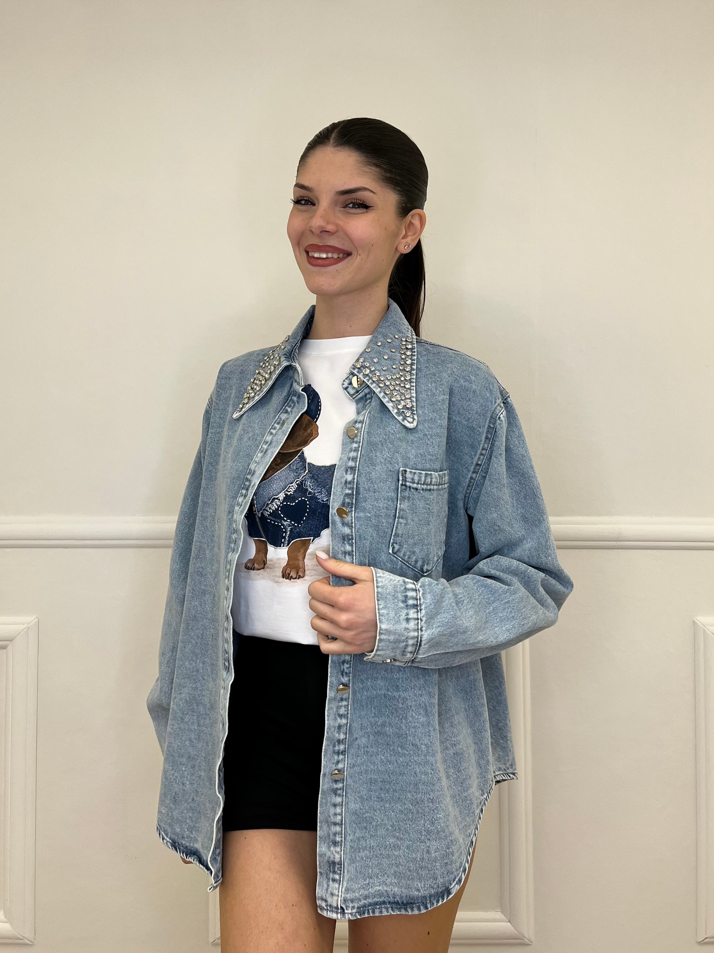 Giacca Camicia Denim Colletto Strass 3025 Azzurro