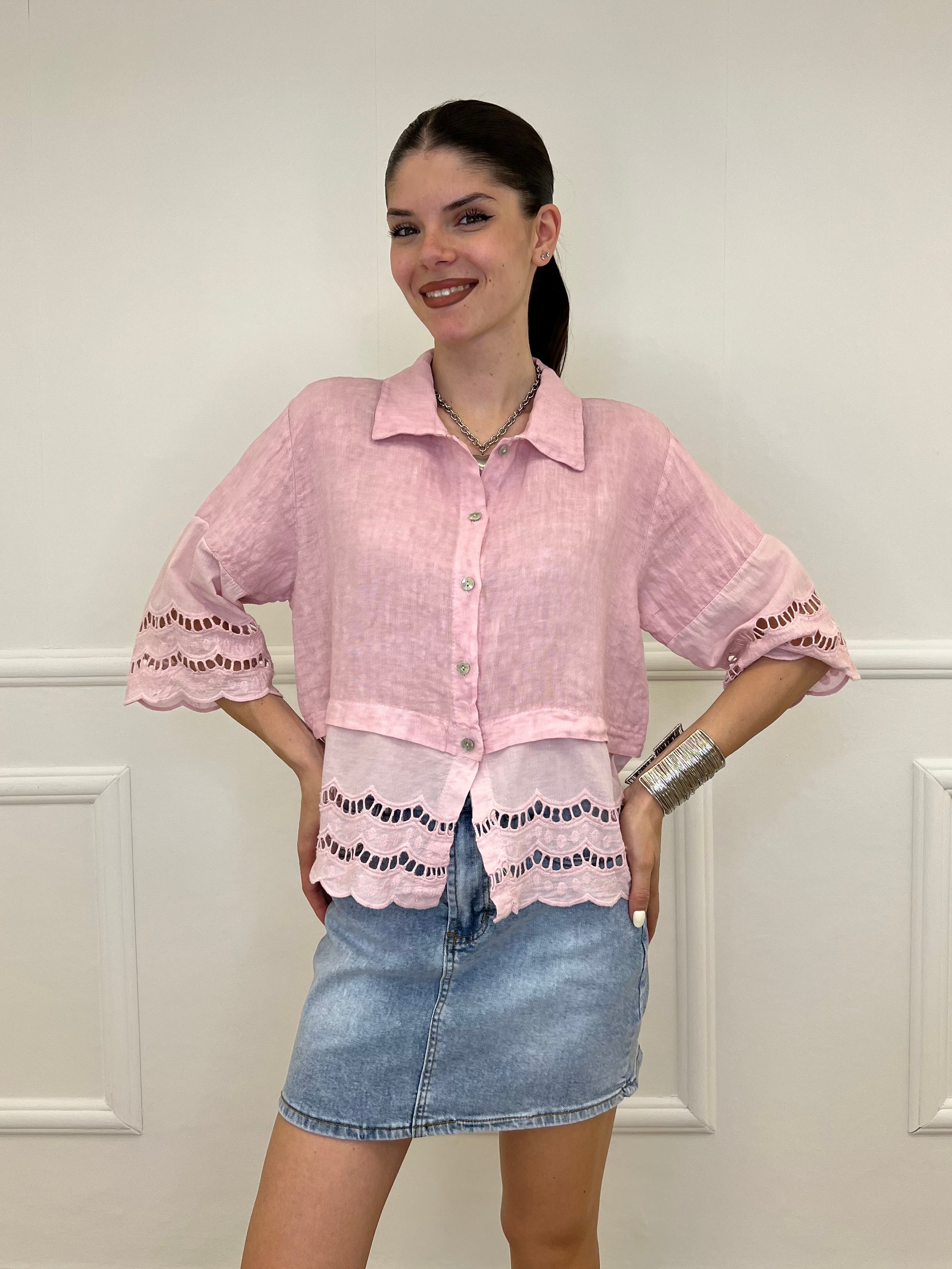 Camicia Lino Maniche Sangallo 1788 Rosa