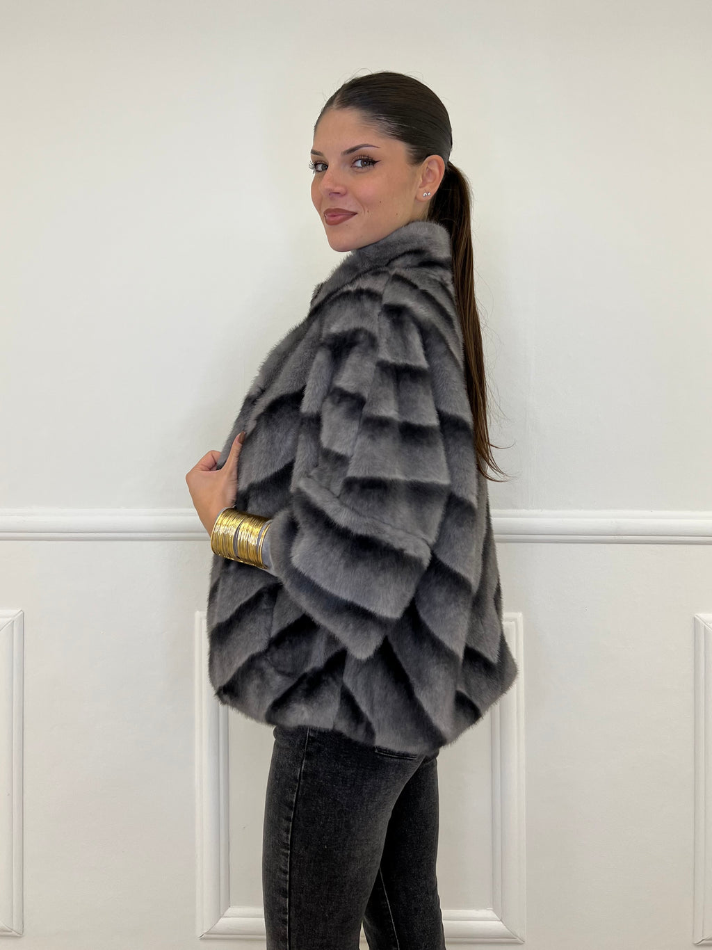 Chevron Fur Coat C037 Grey