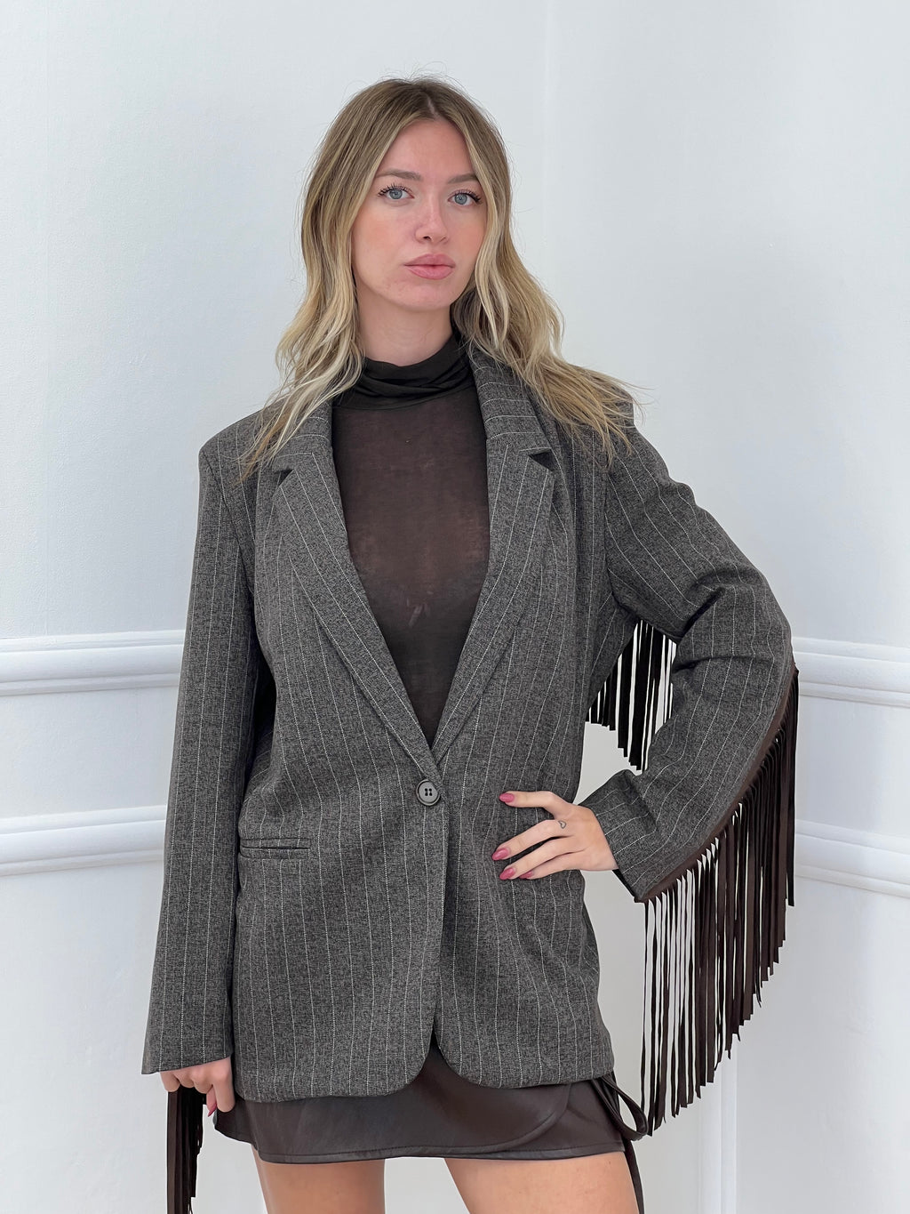 Blazer a Righe con Frange 4705 Marrone