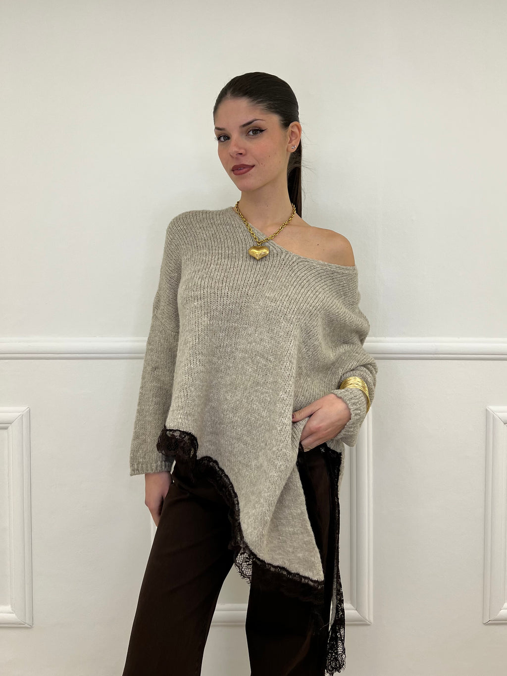 Maglia Asimmetrica Pizzo 25743 Ecru