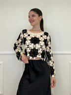 Maglia Macramè Crop Bicolor 48015 Nero