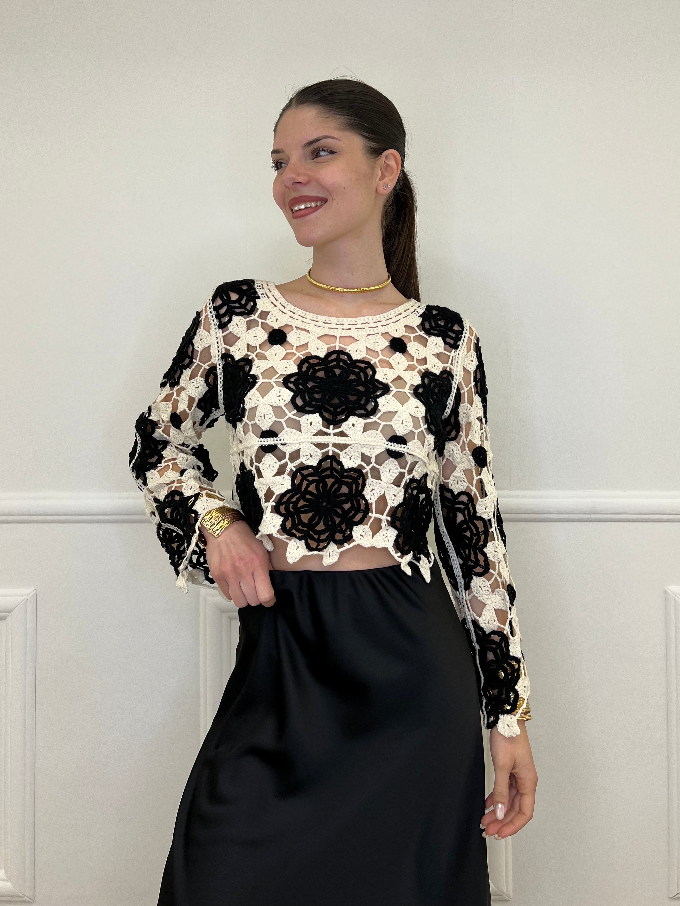 Maglia Macramè Crop Bicolor 48015 Nero