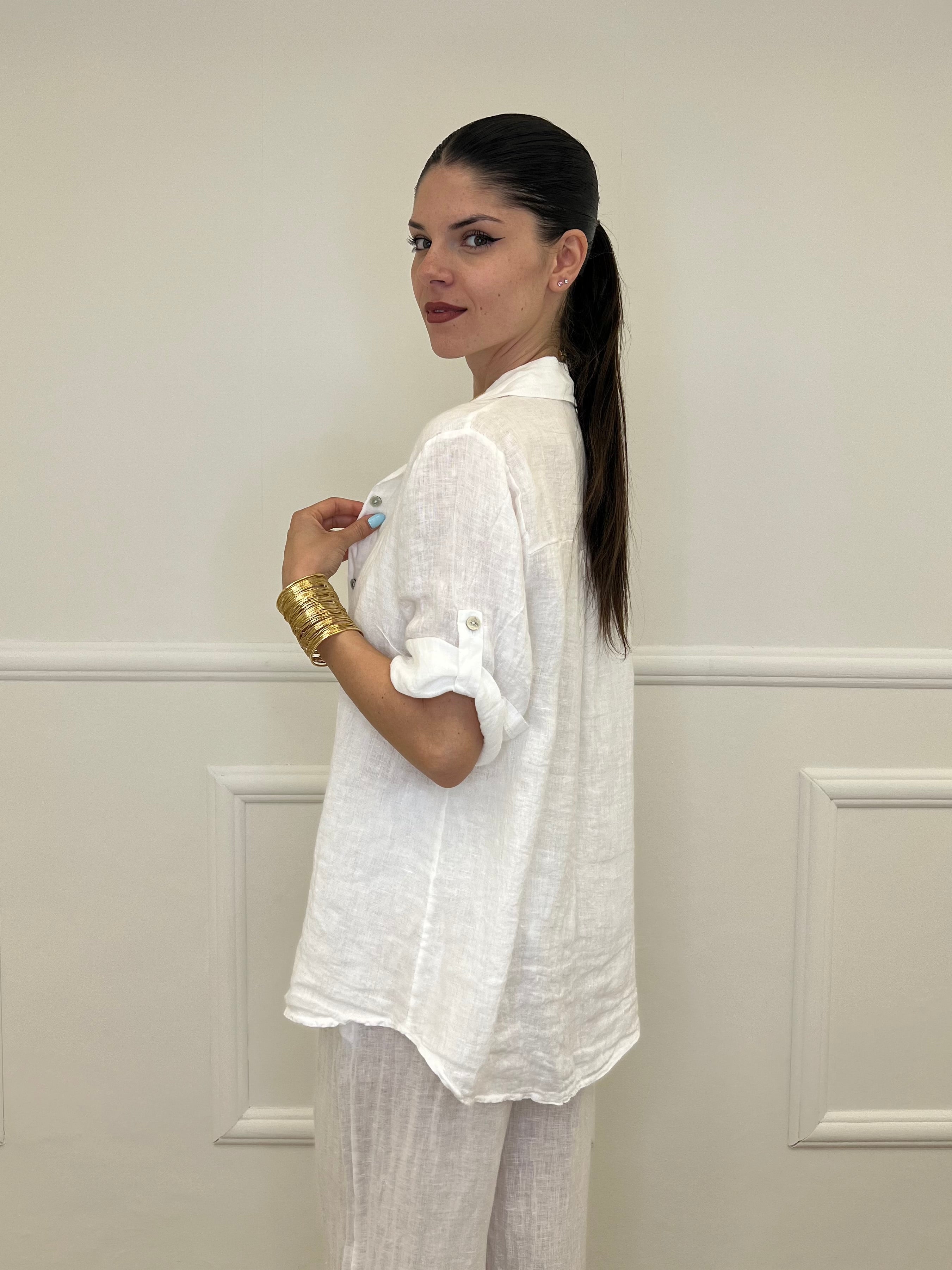 Camicia Maniche 3/4 in Lino 89517 Bianco