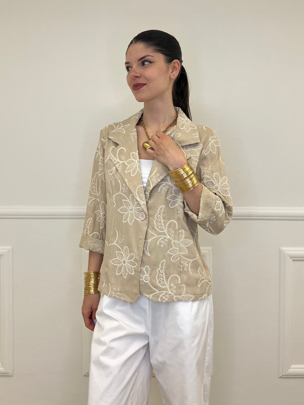 Blazer Ricamato in Lino e Viscosa 11353 Ecru