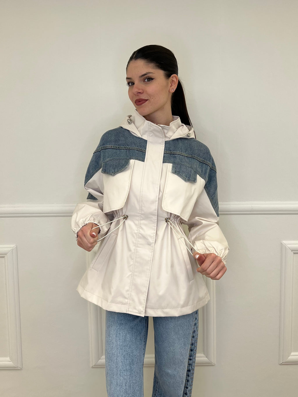 Giacca Inserti Denim M450 Panna