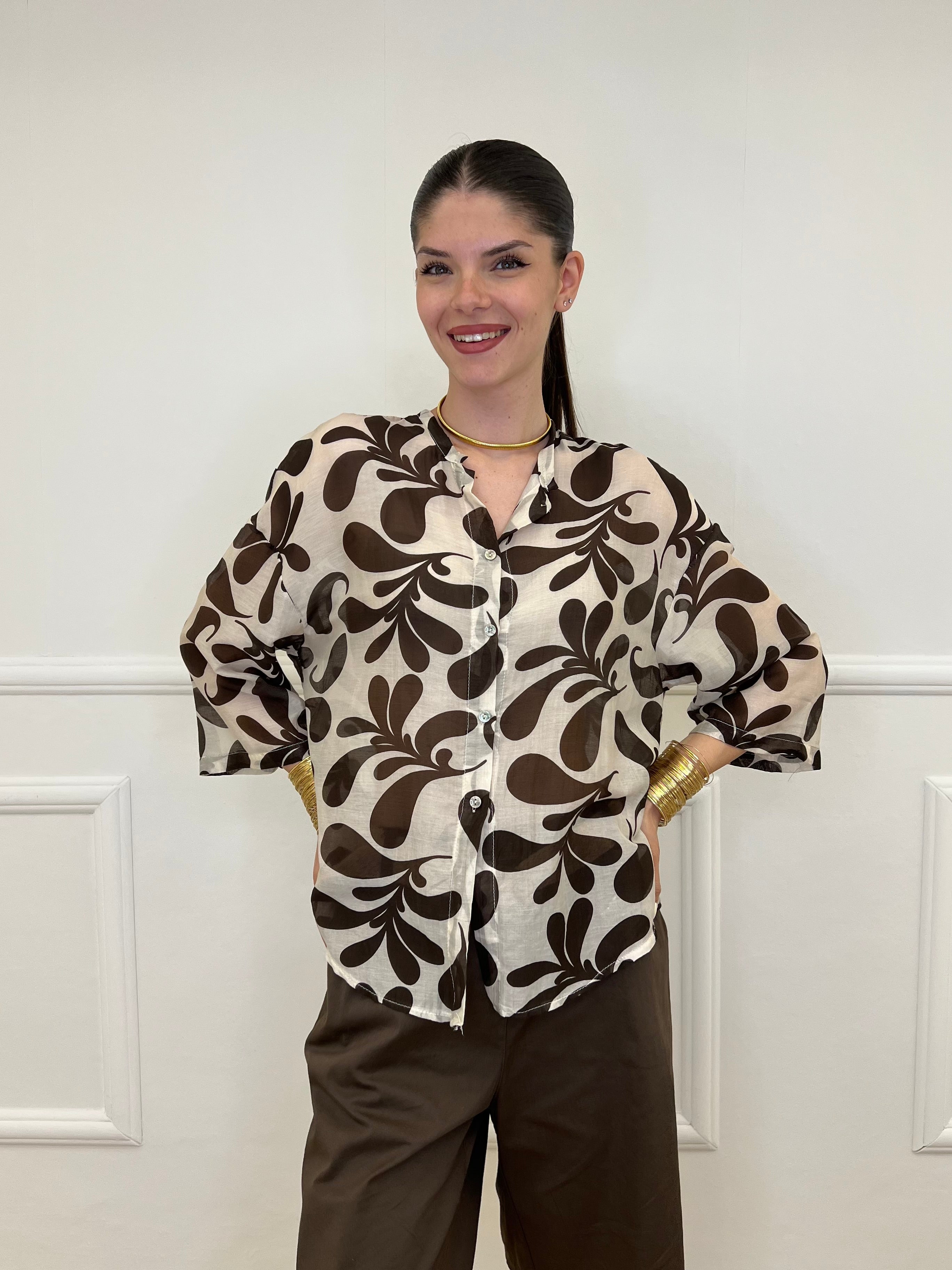Camicia Fantasia Cotone e Seta 93-242-1 Marrone
