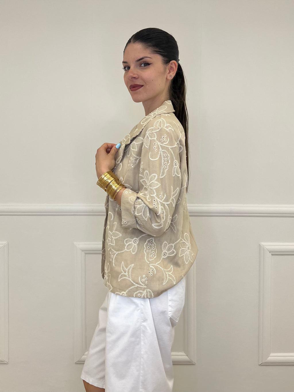 Blazer Ricamato in Lino e Viscosa 11353 Ecru