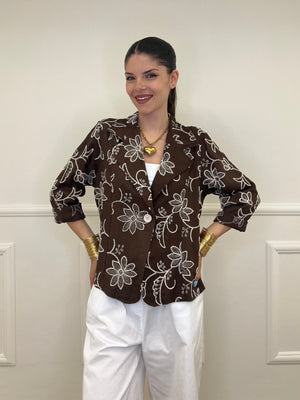 Blazer Ricamato in Lino e Viscosa 11353 Moro