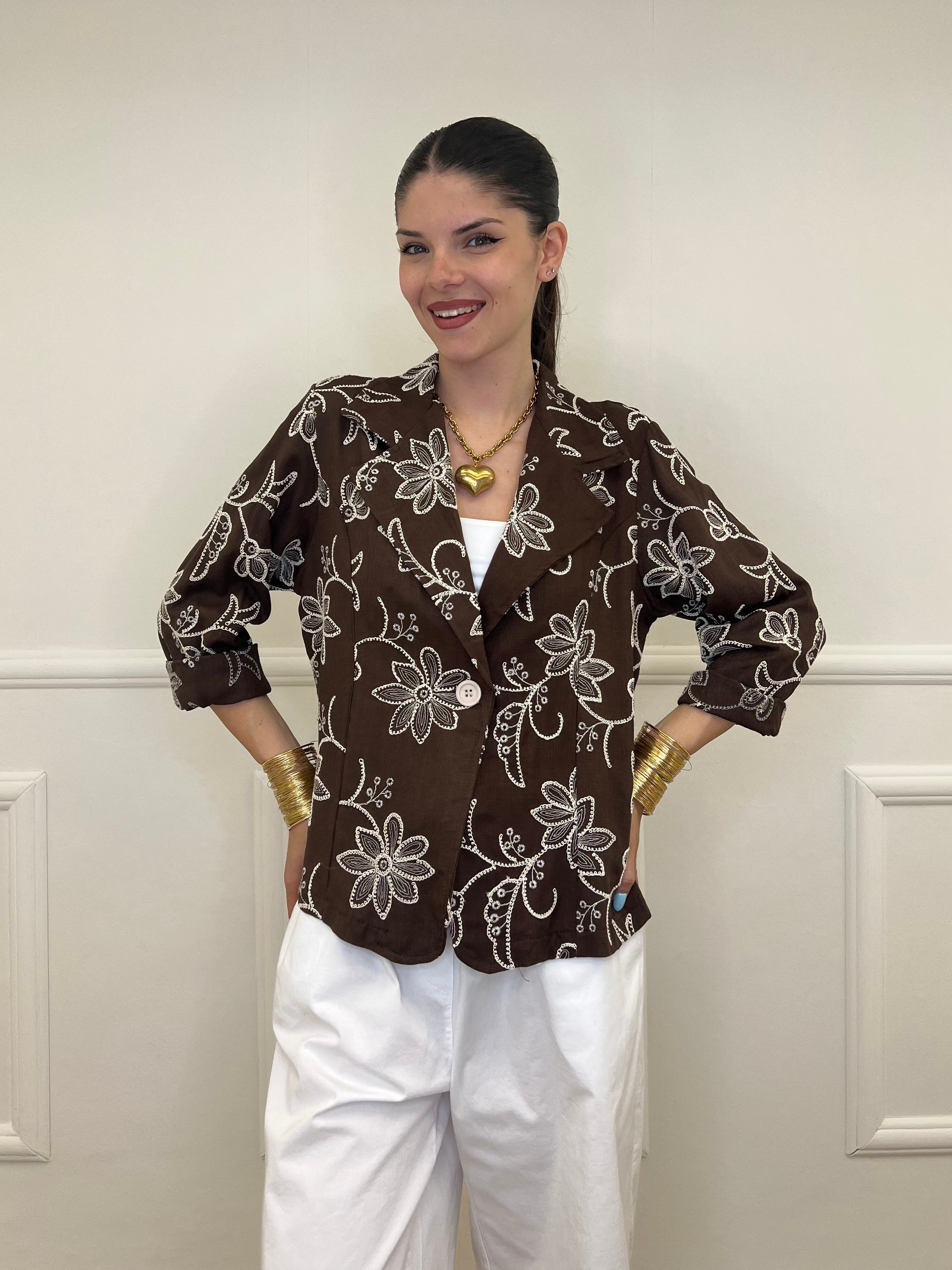 Blazer Ricamato in Lino e Viscosa 11353 Moro