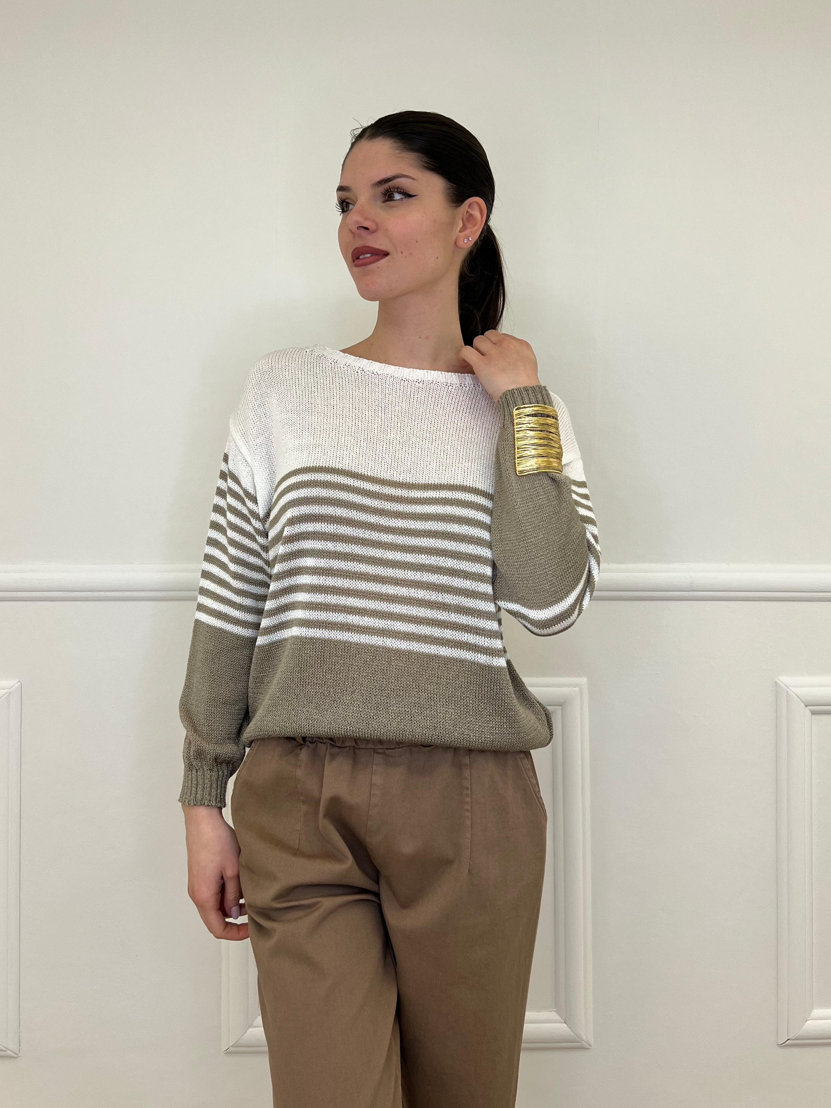 Maglia a Righe Bicolore 26001 Taupe e Bianco