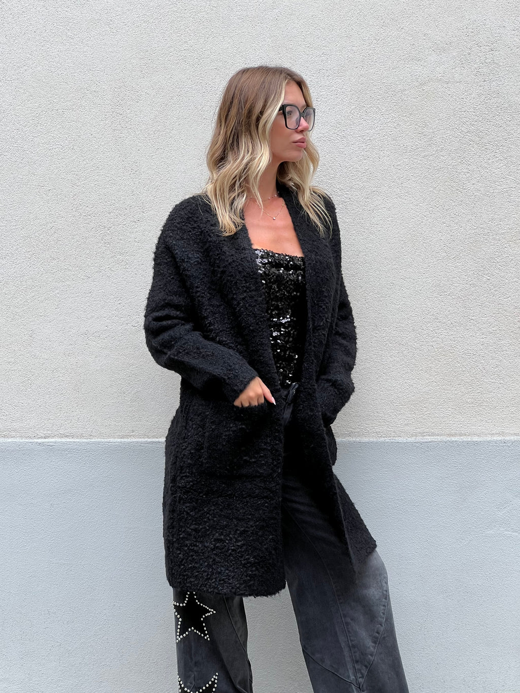 Cardigan Lana e Viscosa Bouclé 125 Nero
