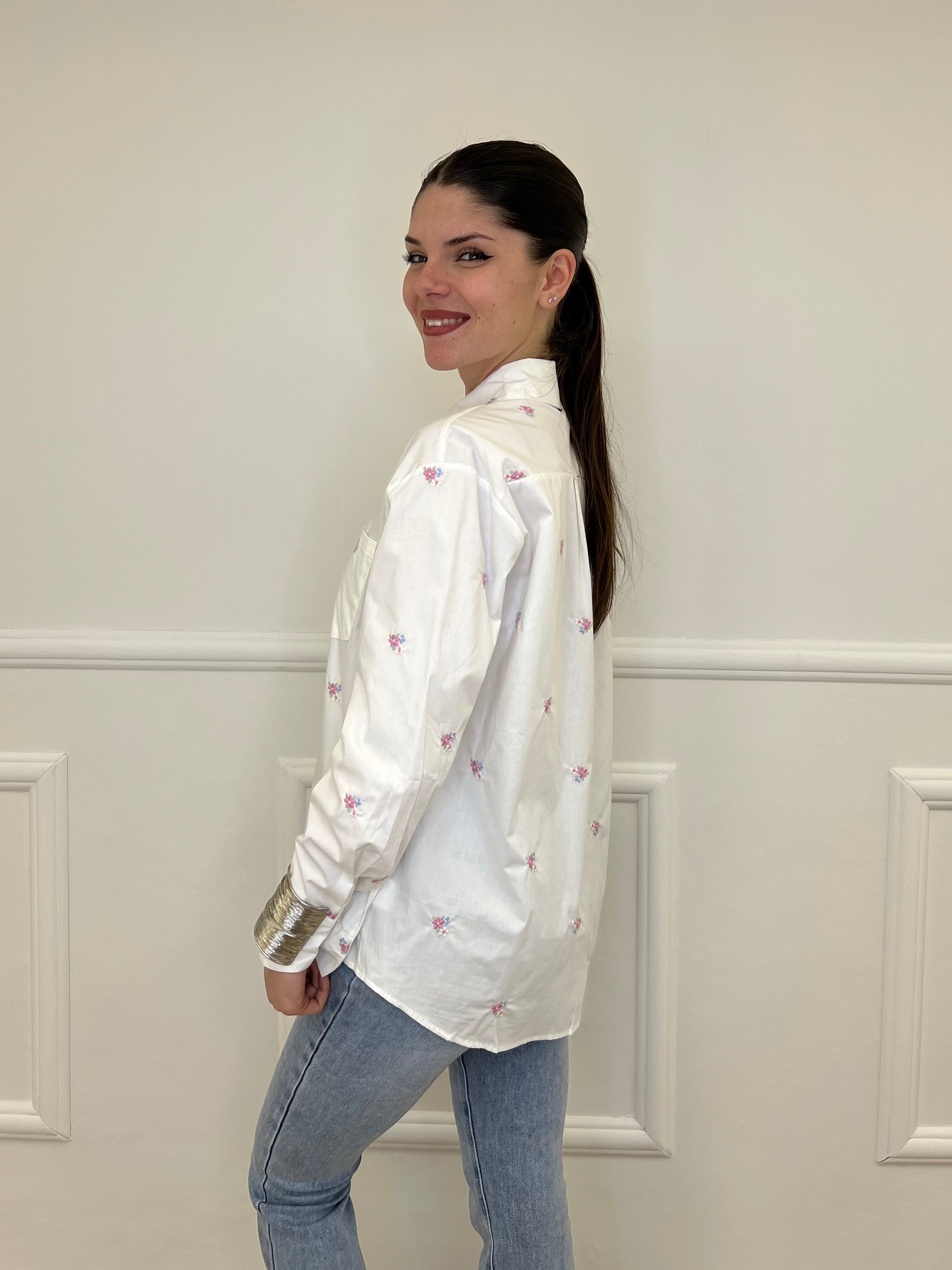 Camicia Ricami Fiori 17195 Bianco