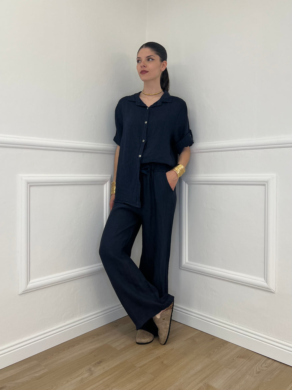 Camicia Maniche 3/4 in Lino 89517 Blu