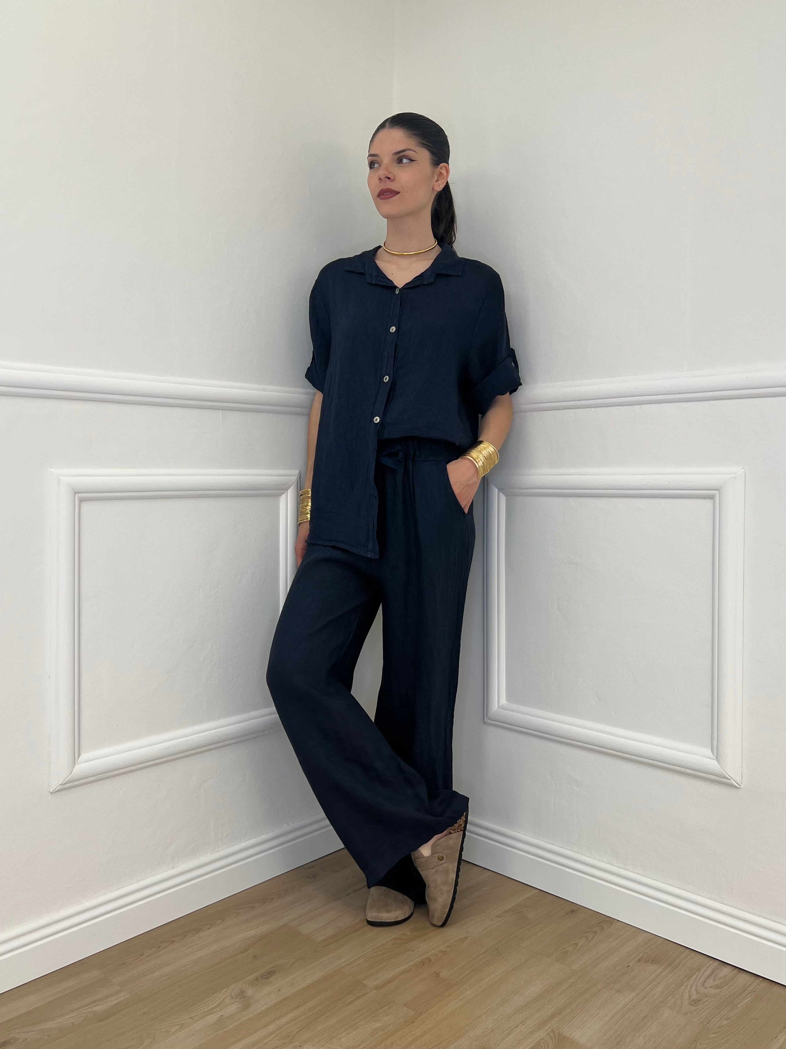 Camicia Maniche 3/4 in Lino 89517 Blu