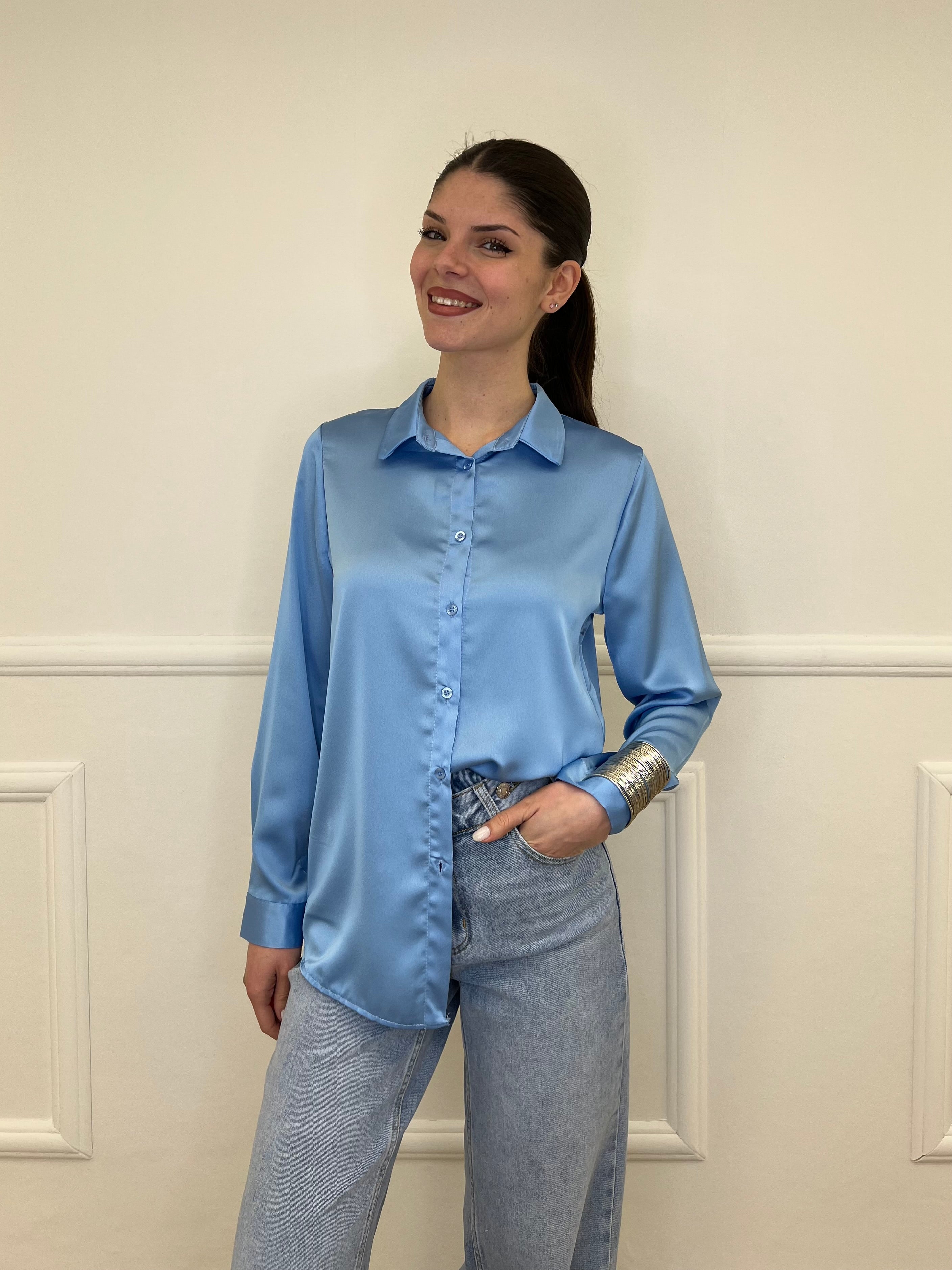 Camicia Basic in Satin 24244 Azzurro