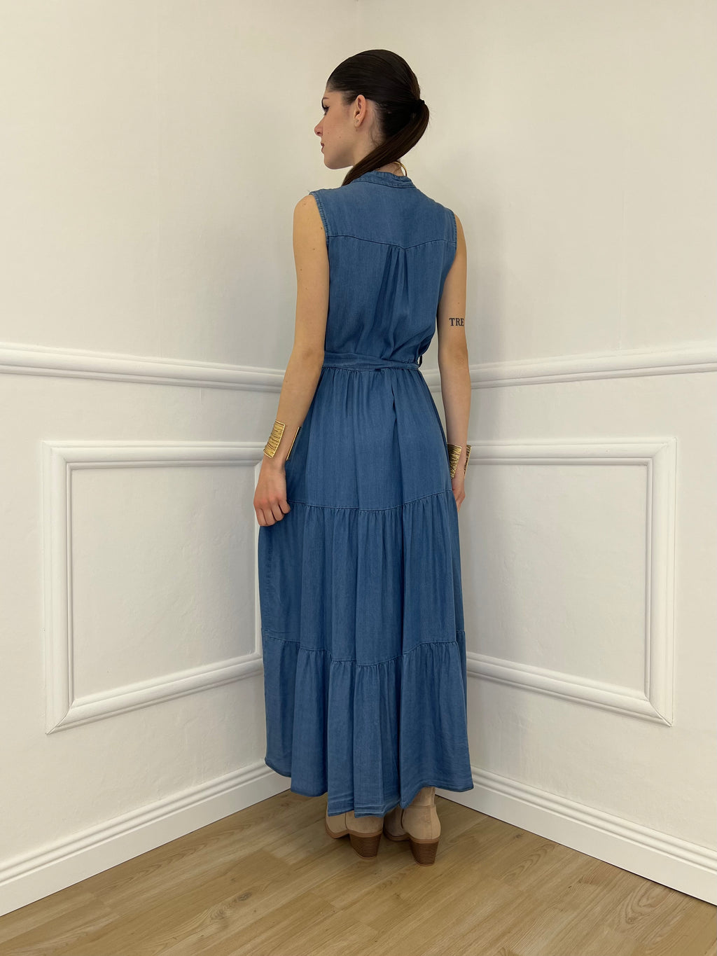 Abito Smanicato Effetto Denim V6127 Azzurro