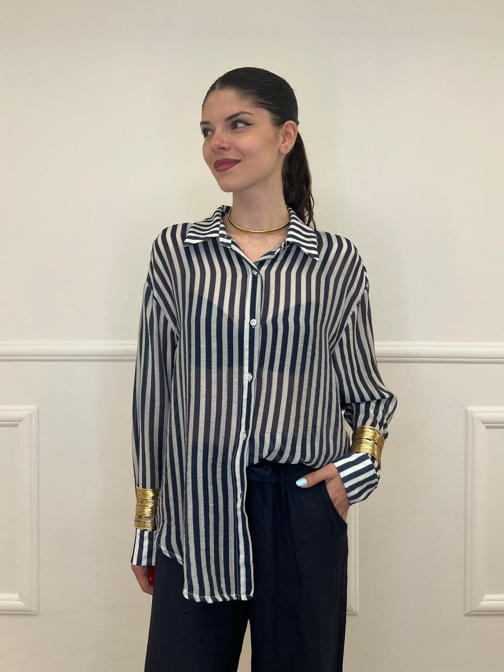 Camicia Tencel a Righe 411-672 Blu