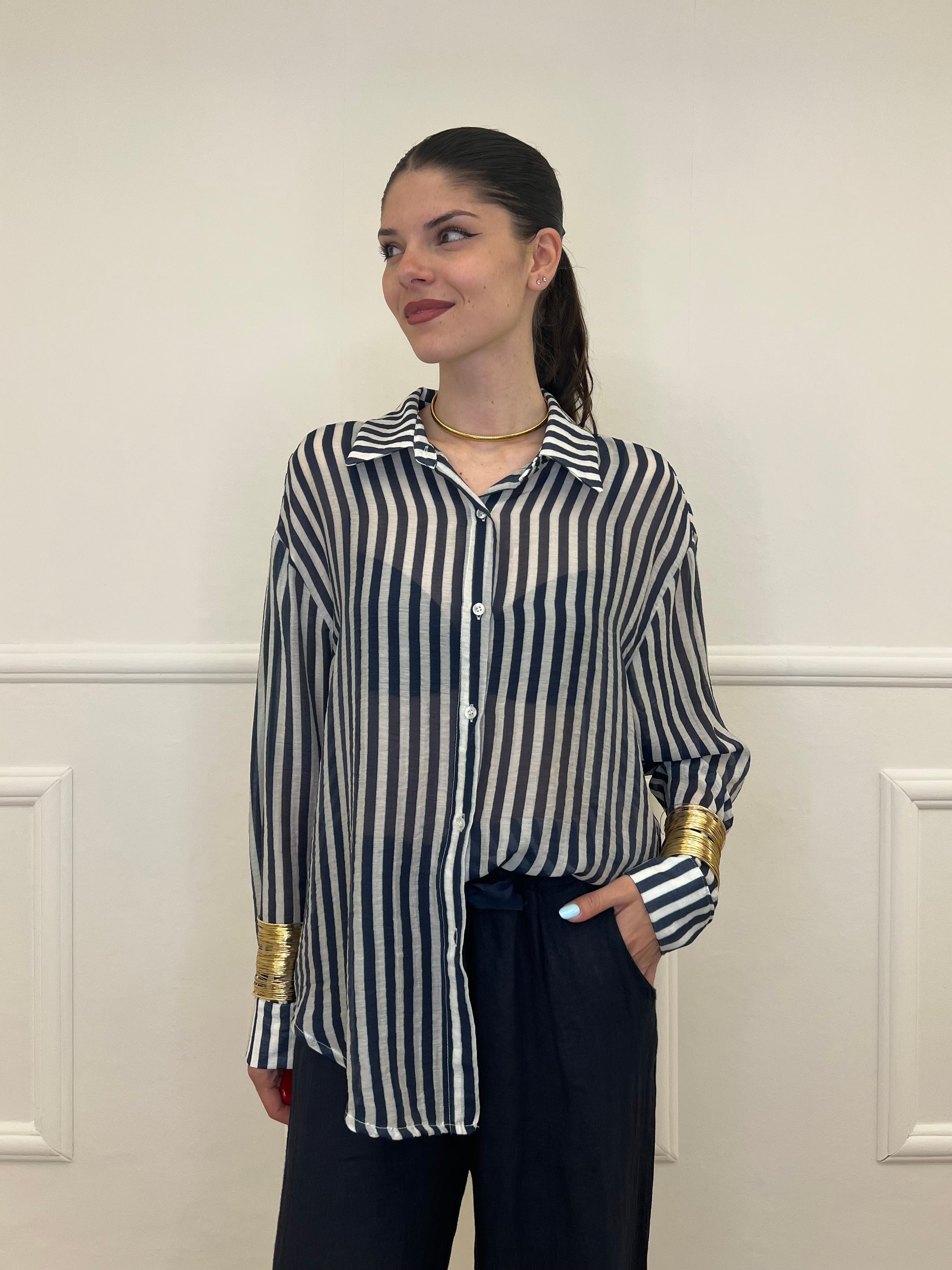 Camicia Tencel a Righe 411-672 Blu