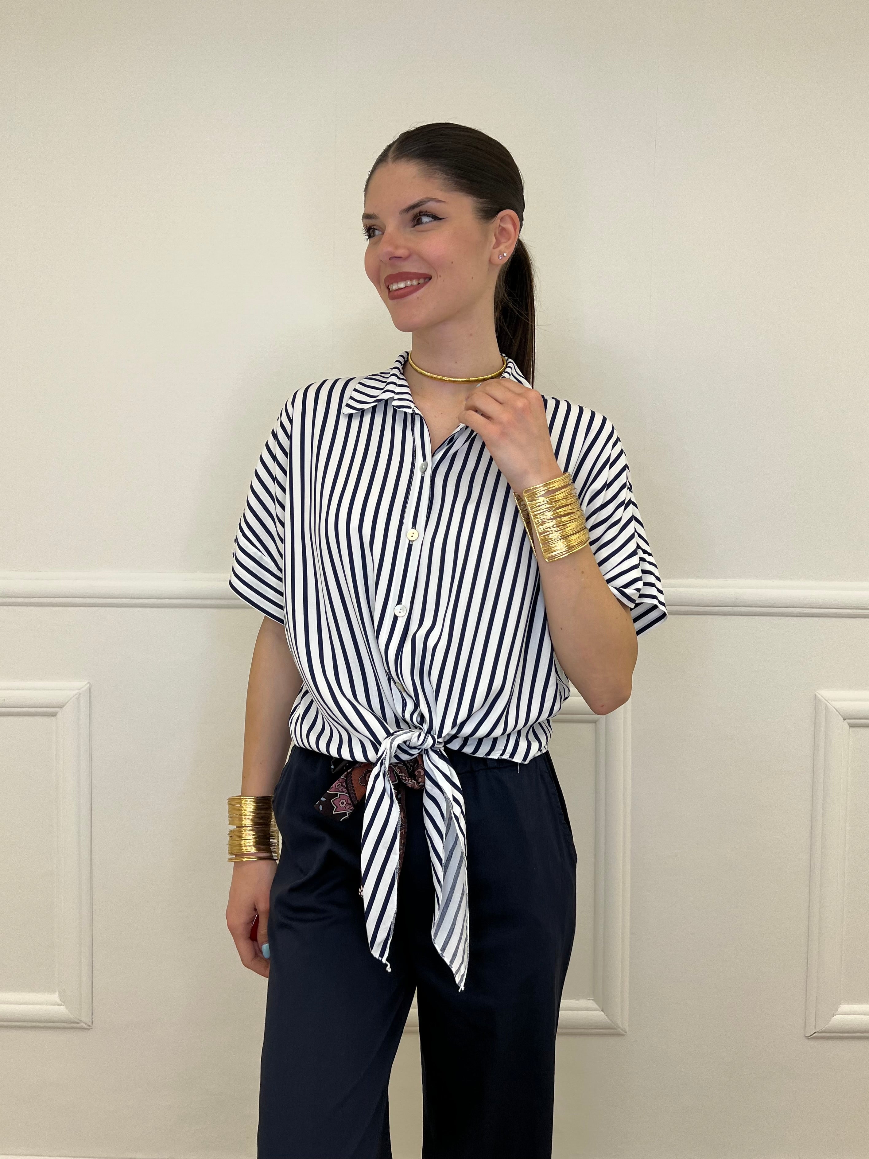 Camicia Righe Nodo Viscosa 2351 Blu