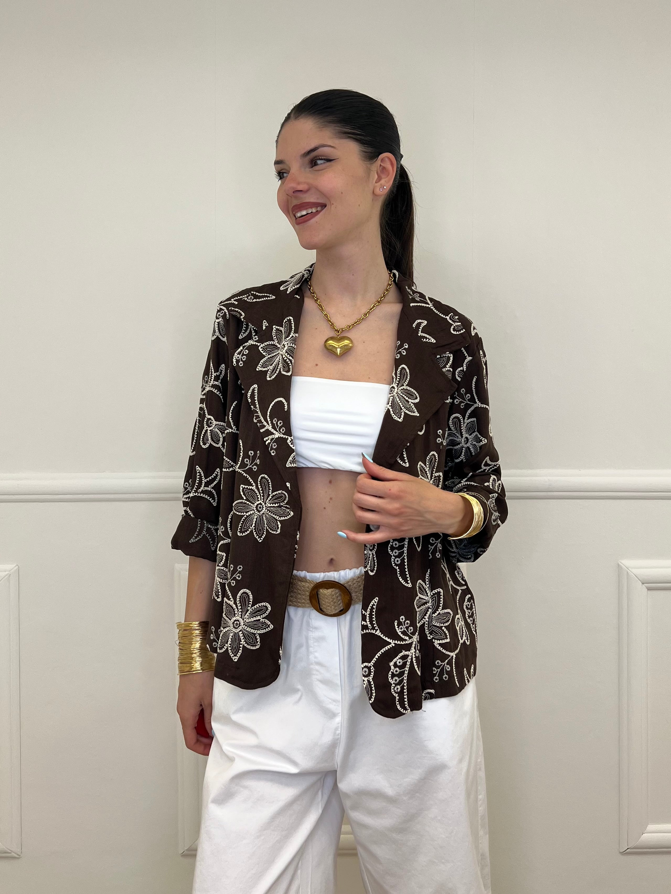 Blazer Ricamato in Lino e Viscosa 11353 Moro