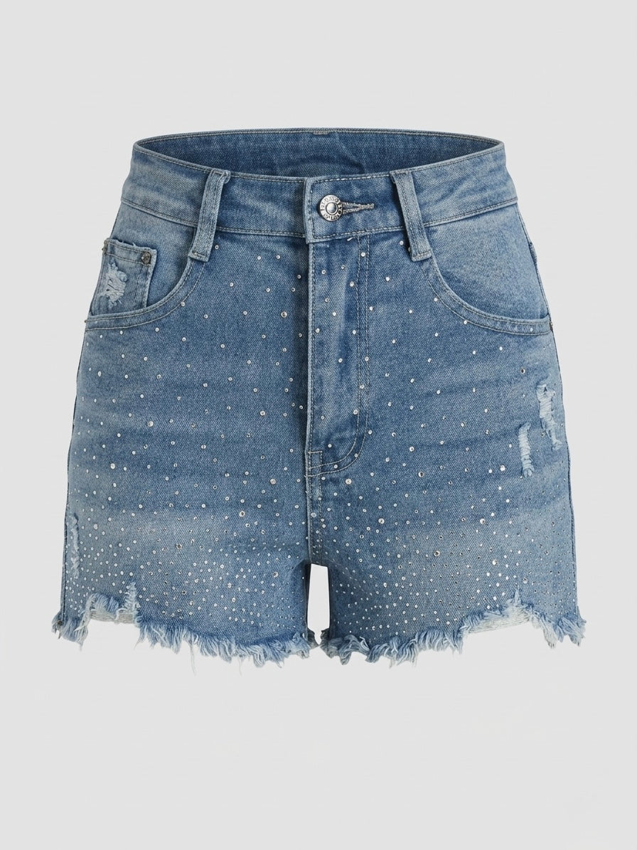Shorts Denim Sfrangiato Con Strass 6632