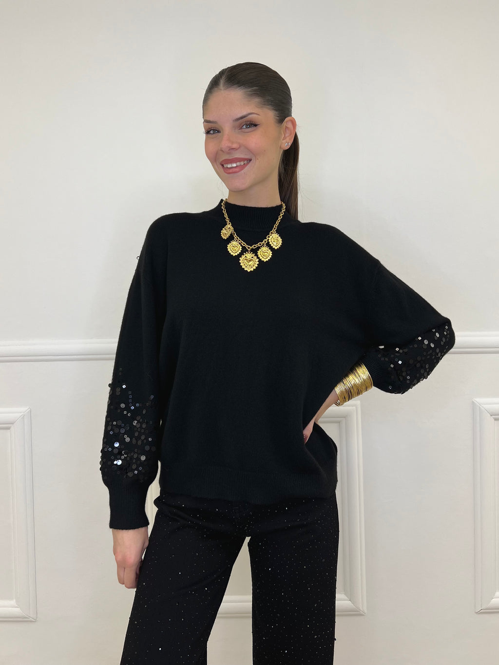 Maglia Manica Paillettes DL7357 Nero