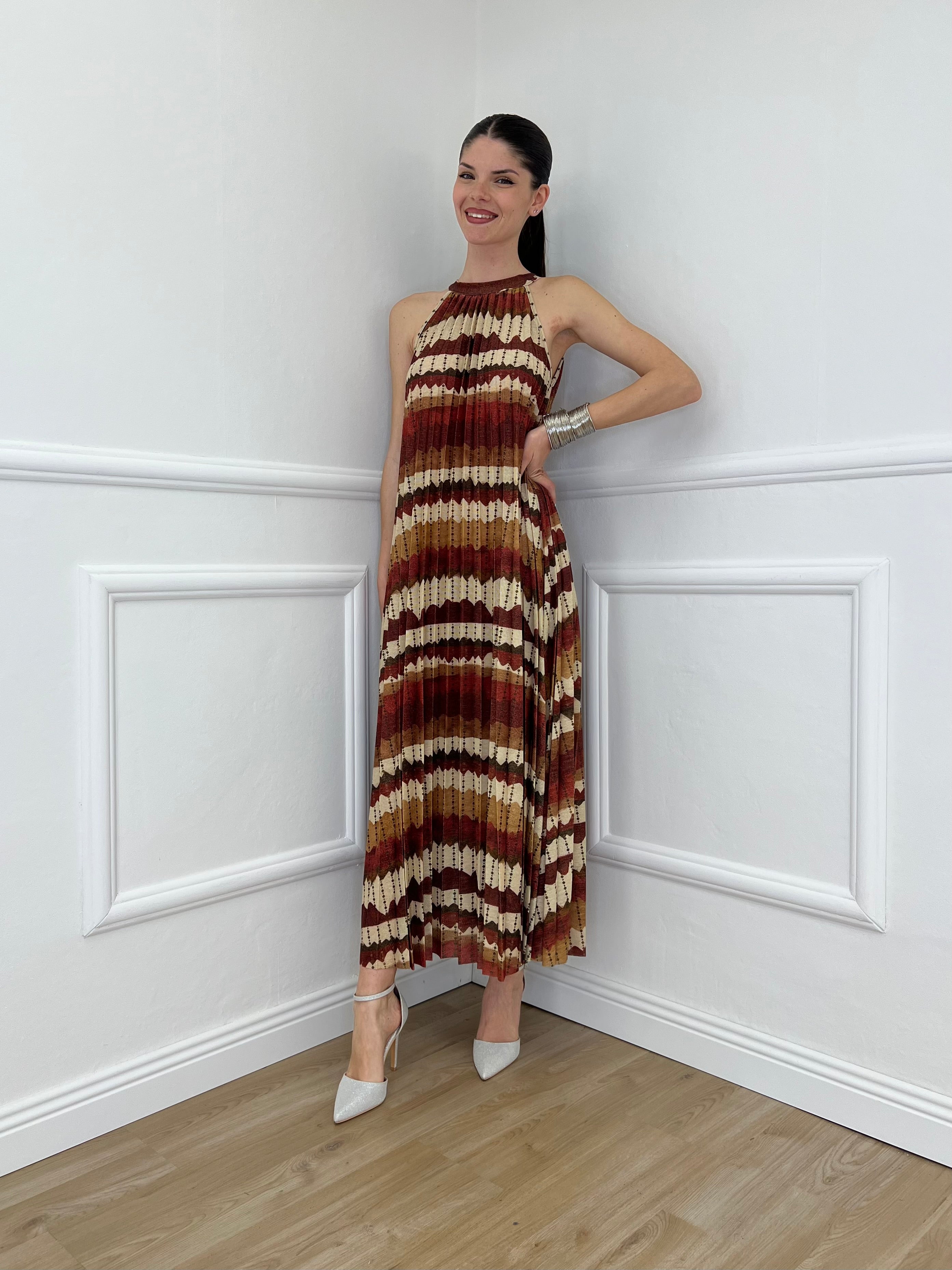 Abito Lurex Plissé In Fantasia 1372 Burgundy