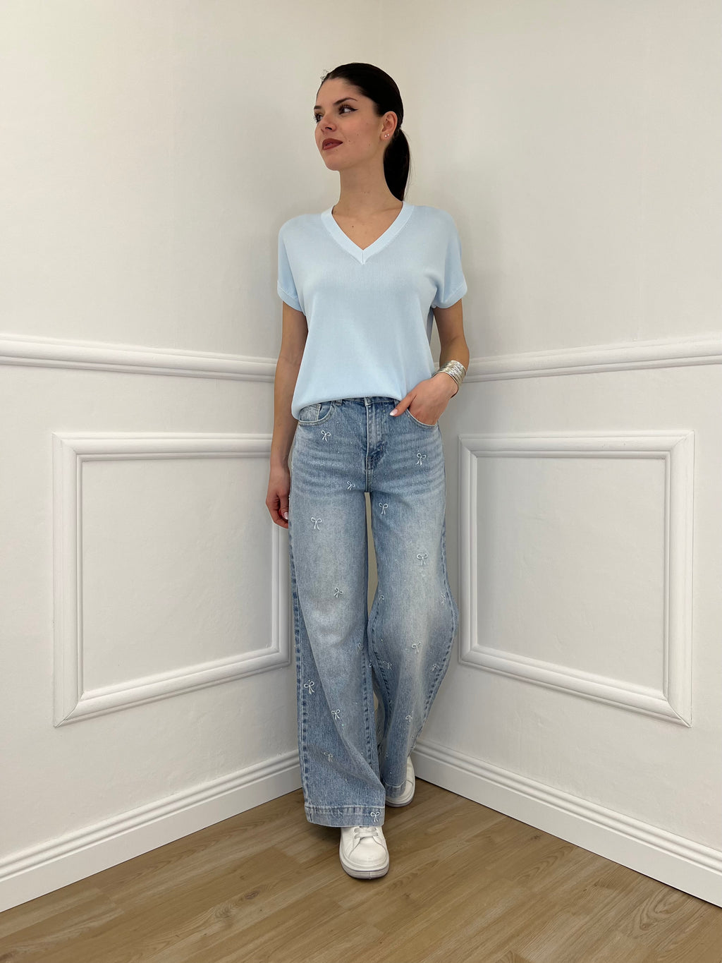 Jeans Con Fiocchi Ricamati e Strass 5354 Azzurro