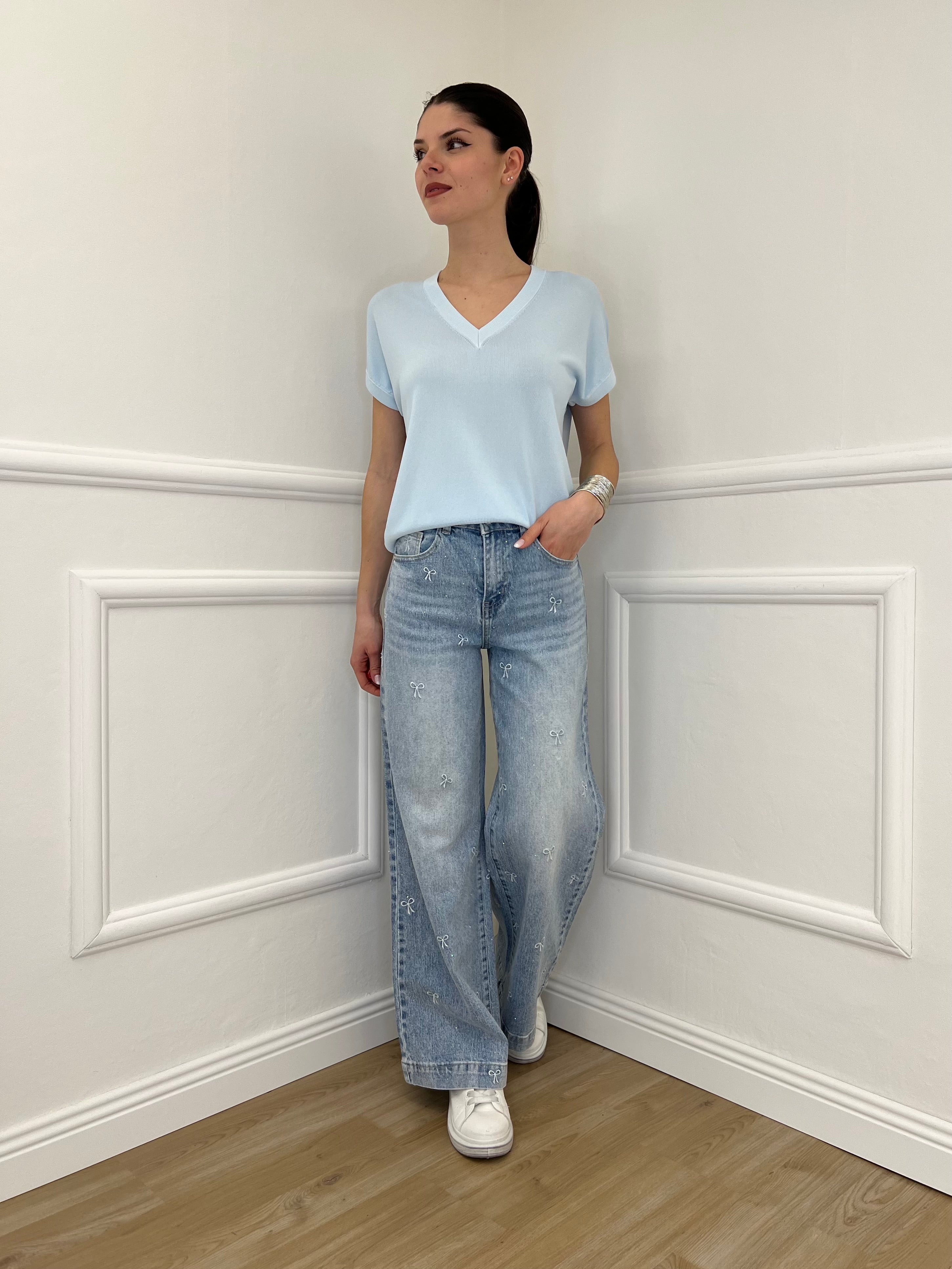 Jeans Con Fiocchi Ricamati e Strass 5354 Azzurro