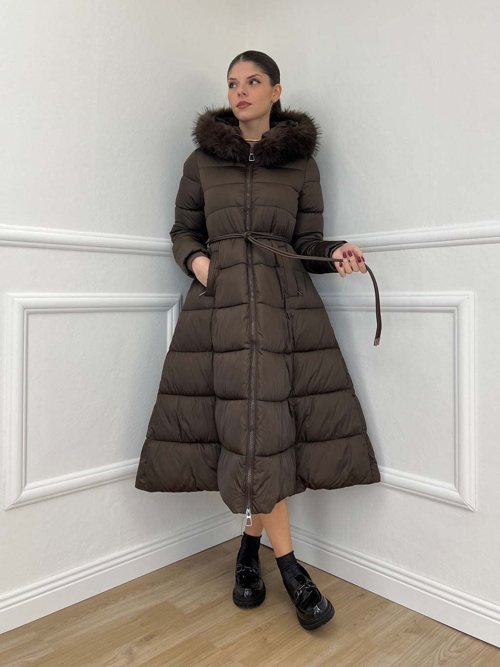 Piumino Lungo Pelliccia 0631 Moro