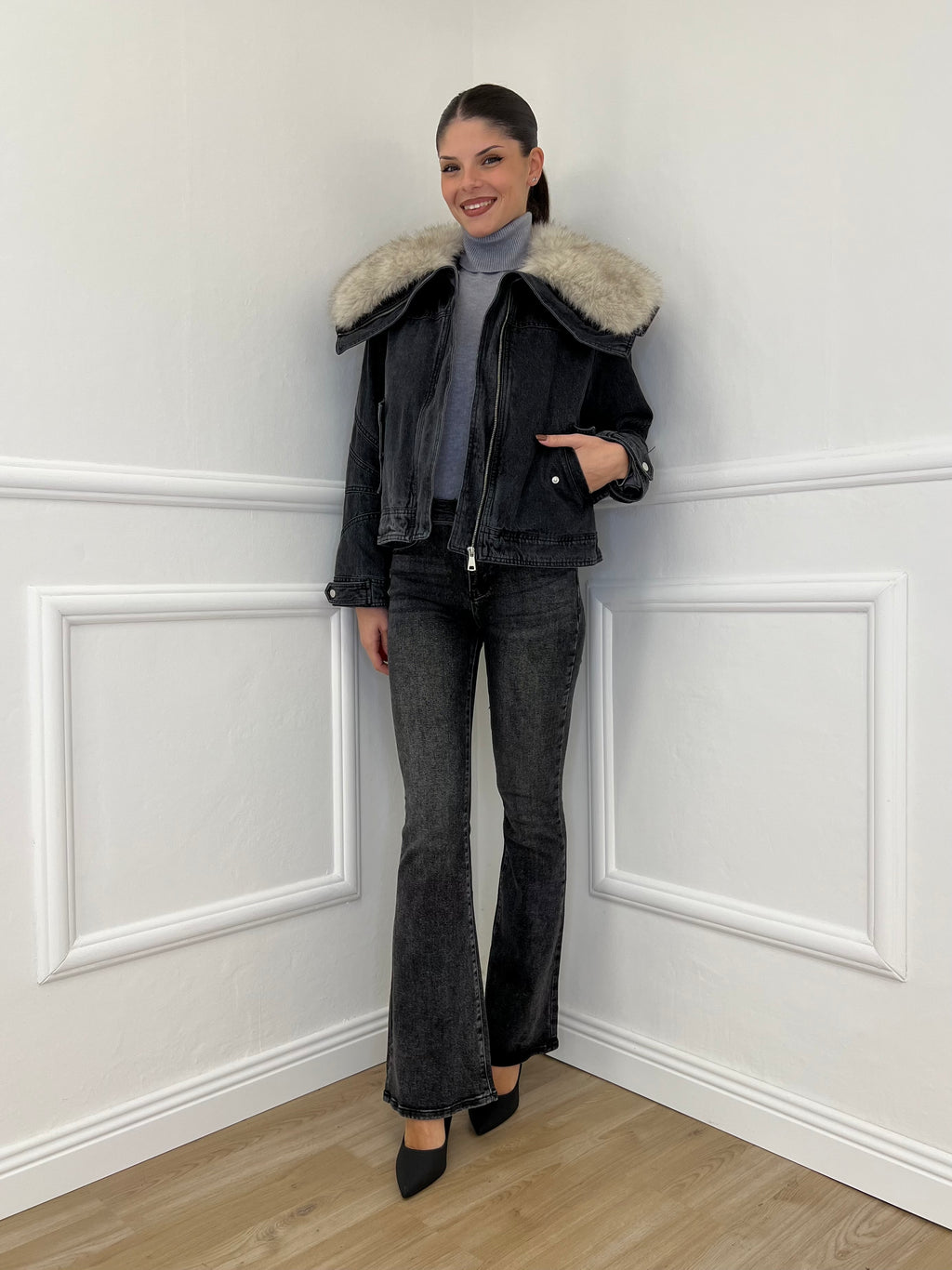 Fur Denim Jacket DL30037 Grey