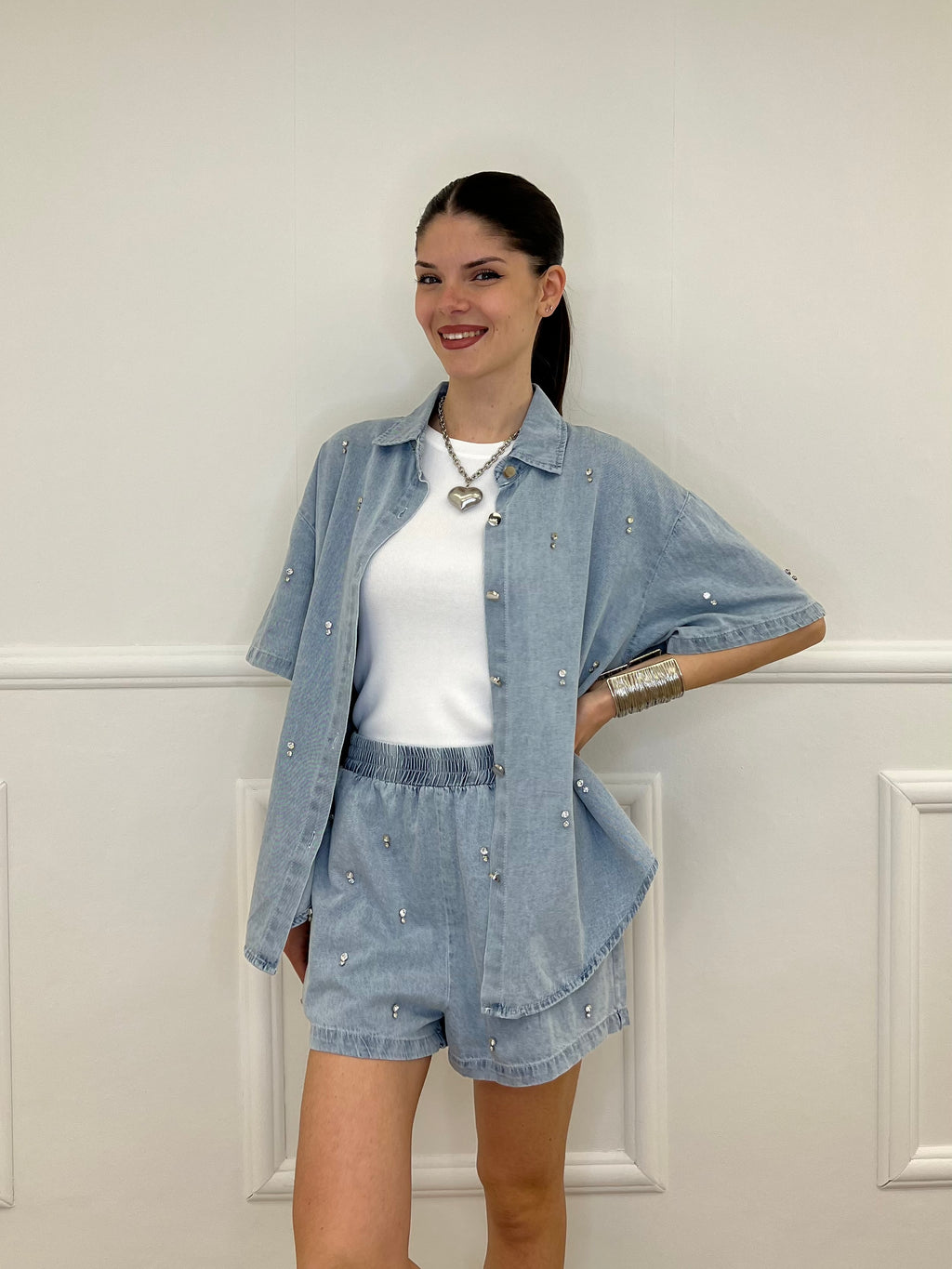 Completo Shorts Denim Con Strass 3048 Azzurro