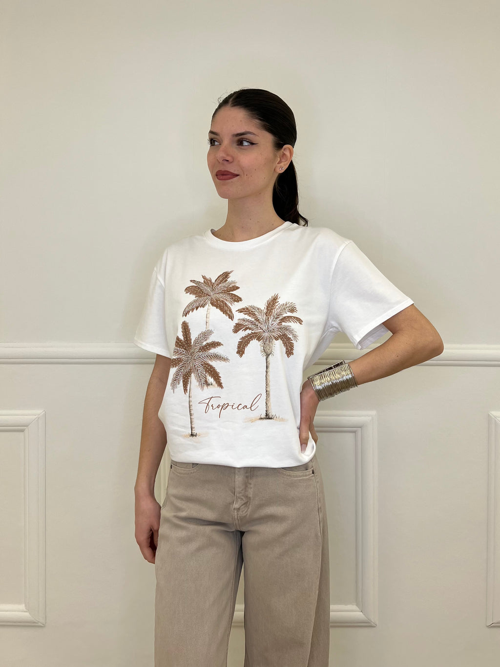 T-shirt Over Palme e Strass