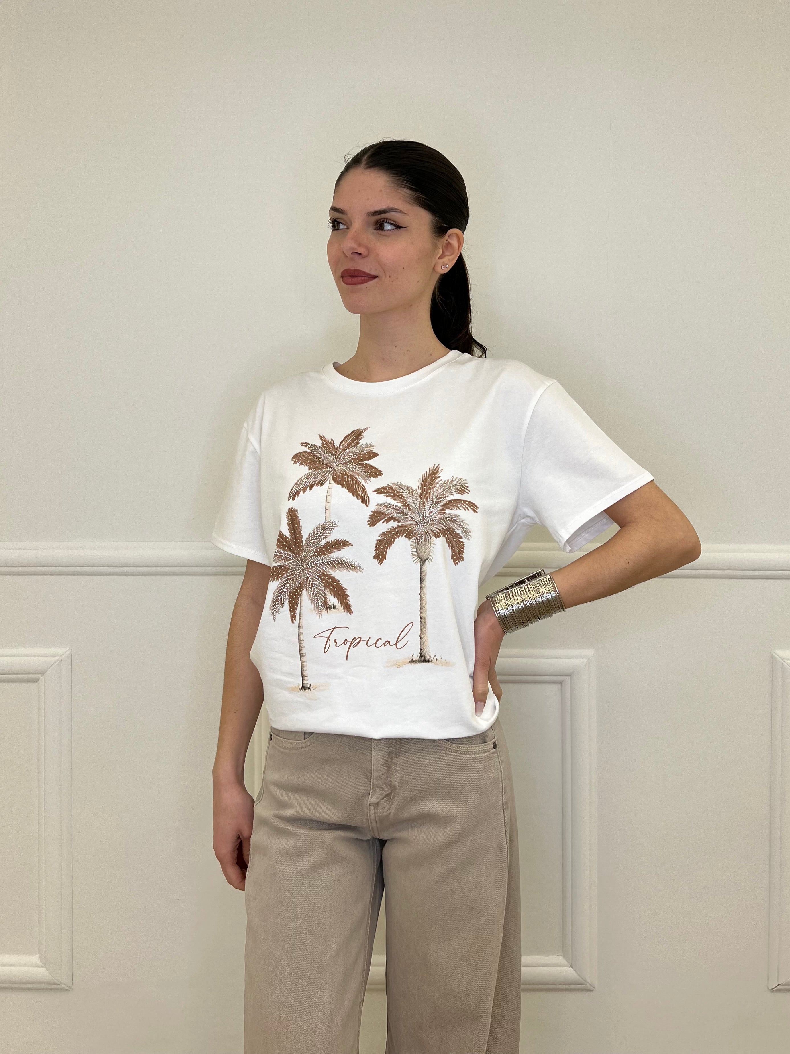 T-shirt Over Palme e Strass