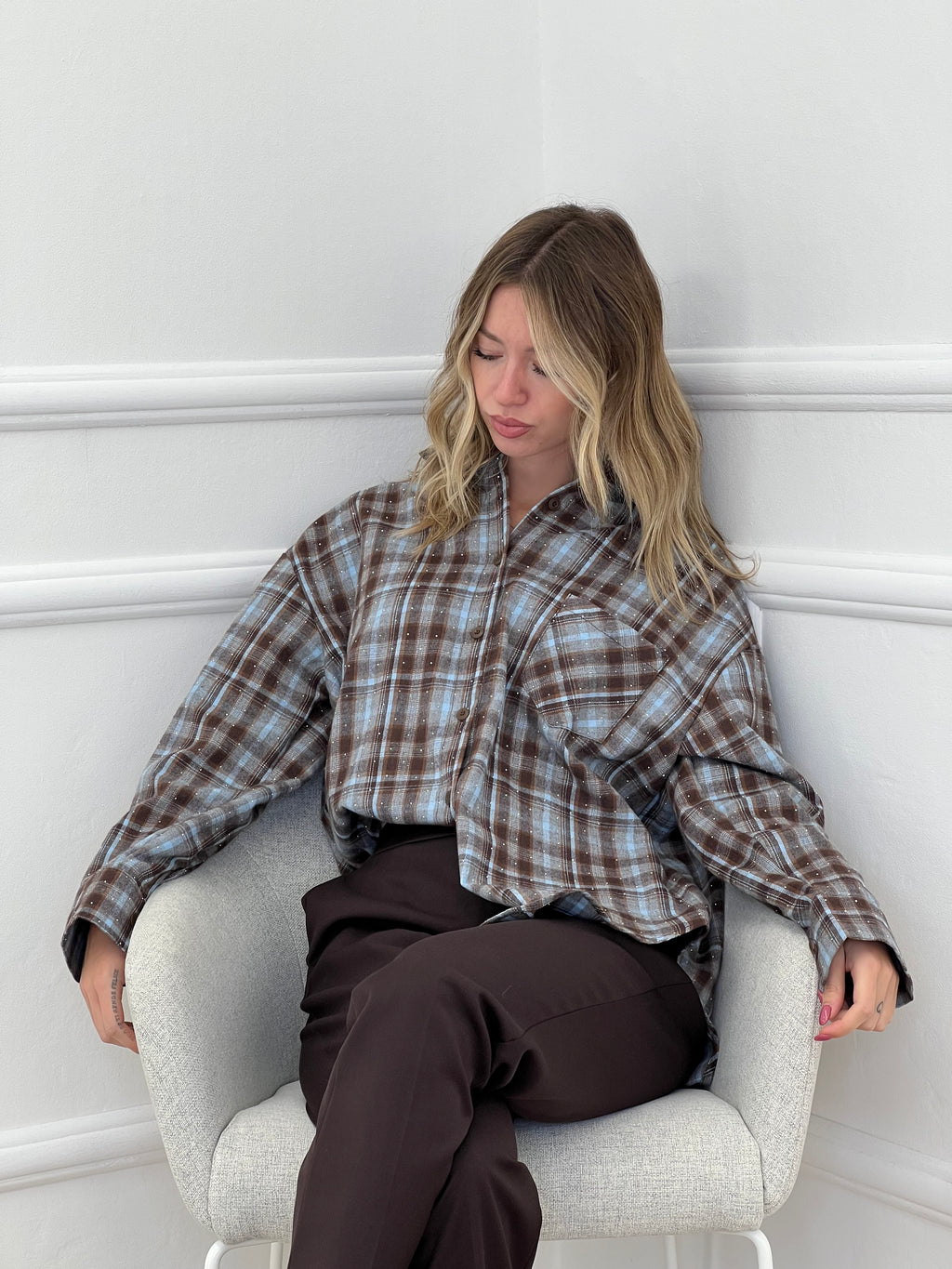 Camicia Check Strass 19108 Azzurro e Marrone