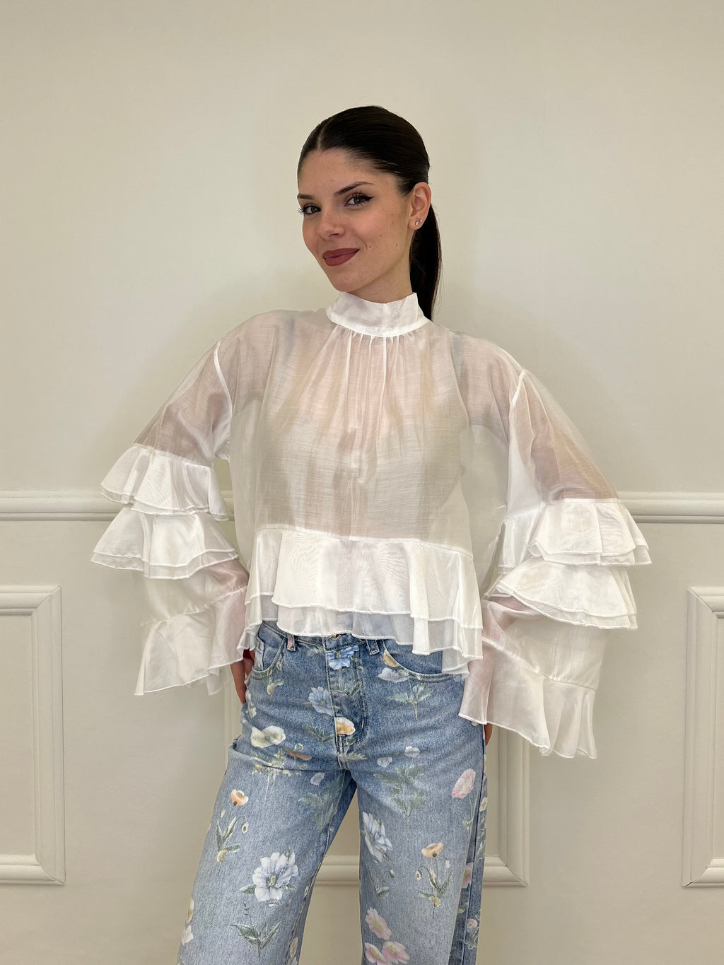 Blusa in Tencel a Balze 6108 Bianco