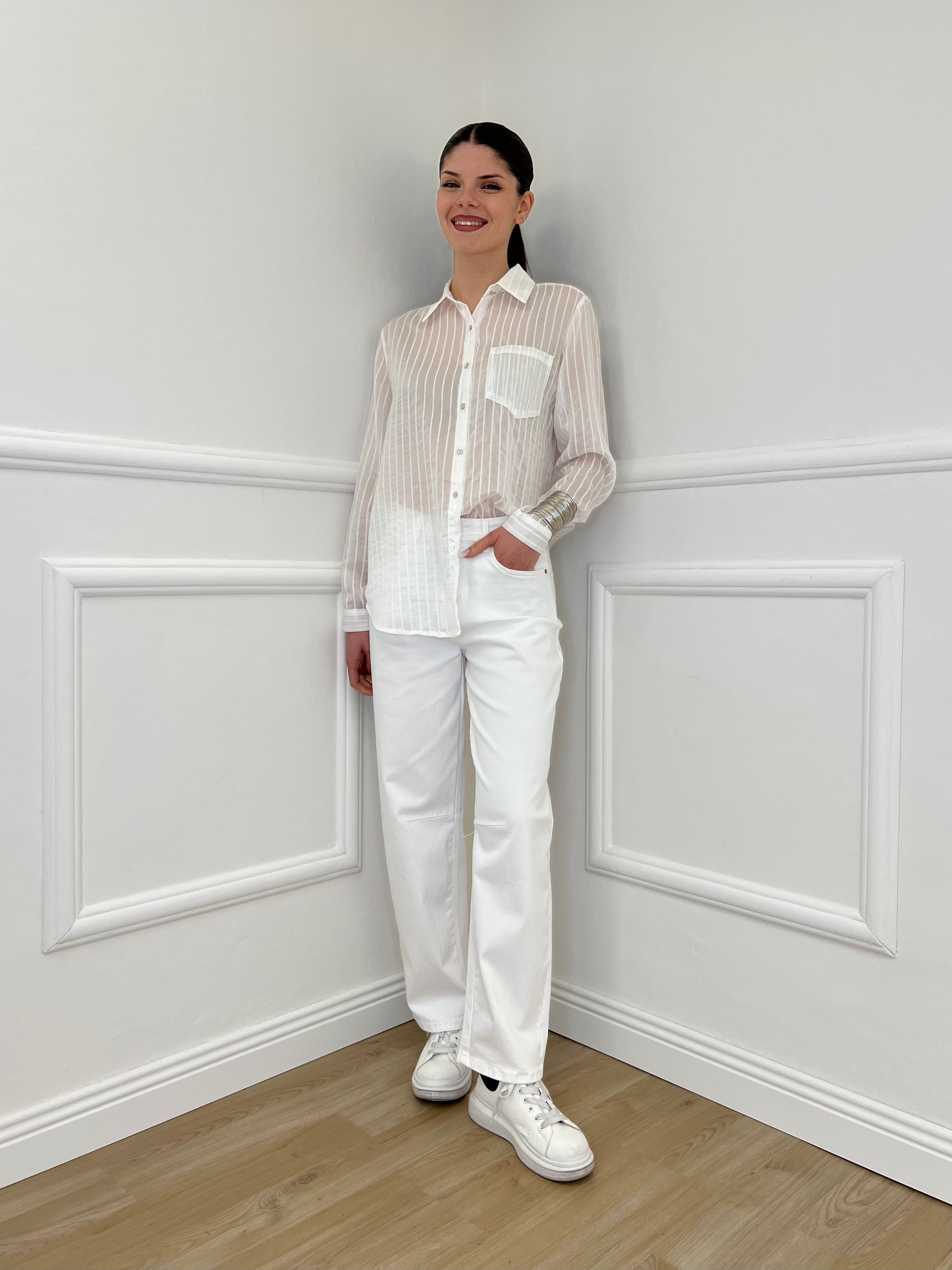 Camicia Tencel Spalmata a Righe 25802 Bianco